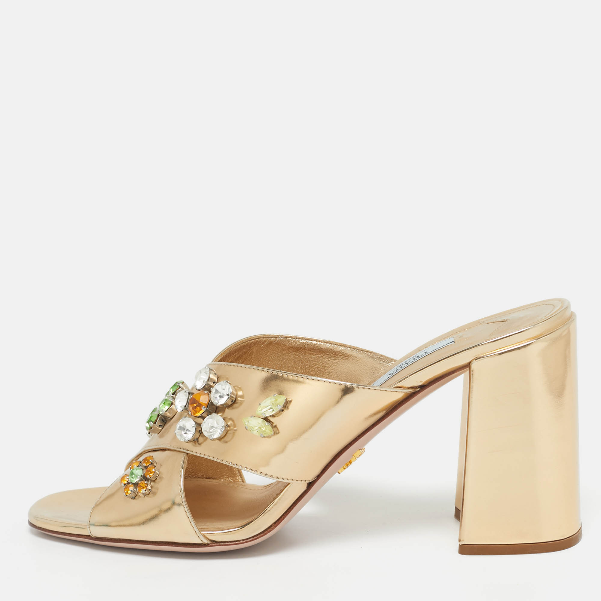 Pre-owned Prada Gold Patent Leather Crisscross Embellished Sandals Size 41