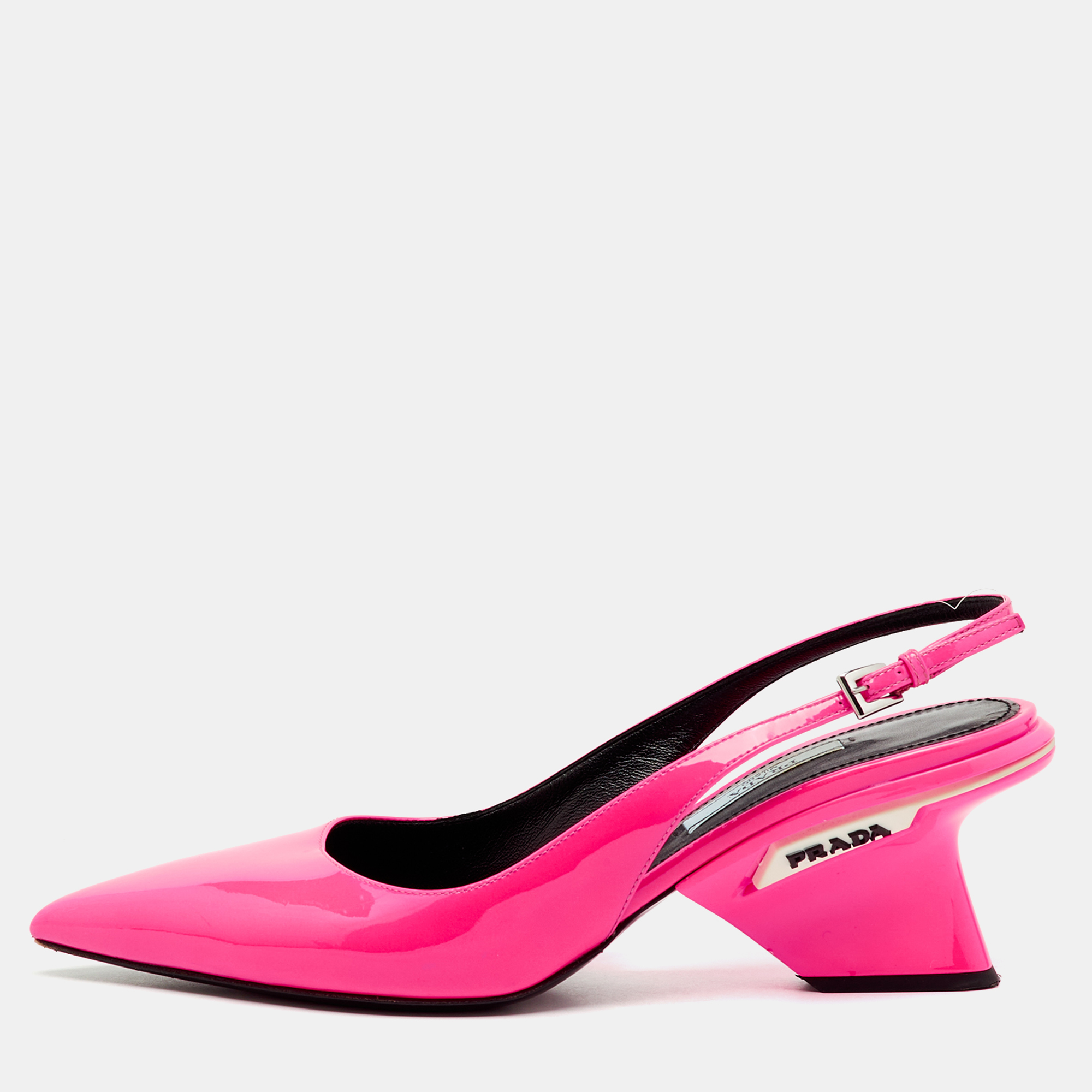 Pre-owned Prada Pink Patent Leather Logo Pointed Toe Wedge Slingback Pumps Size 37.5