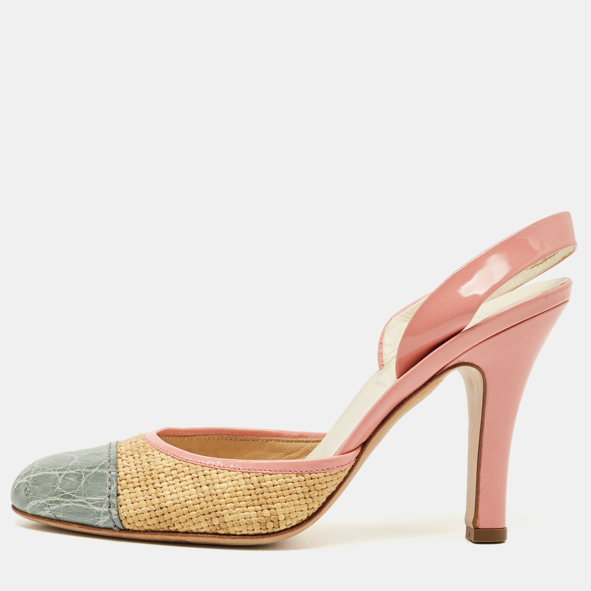 

Prada Multicolor Croc Embossed Leather and Raffia Slingback Pumps Size
