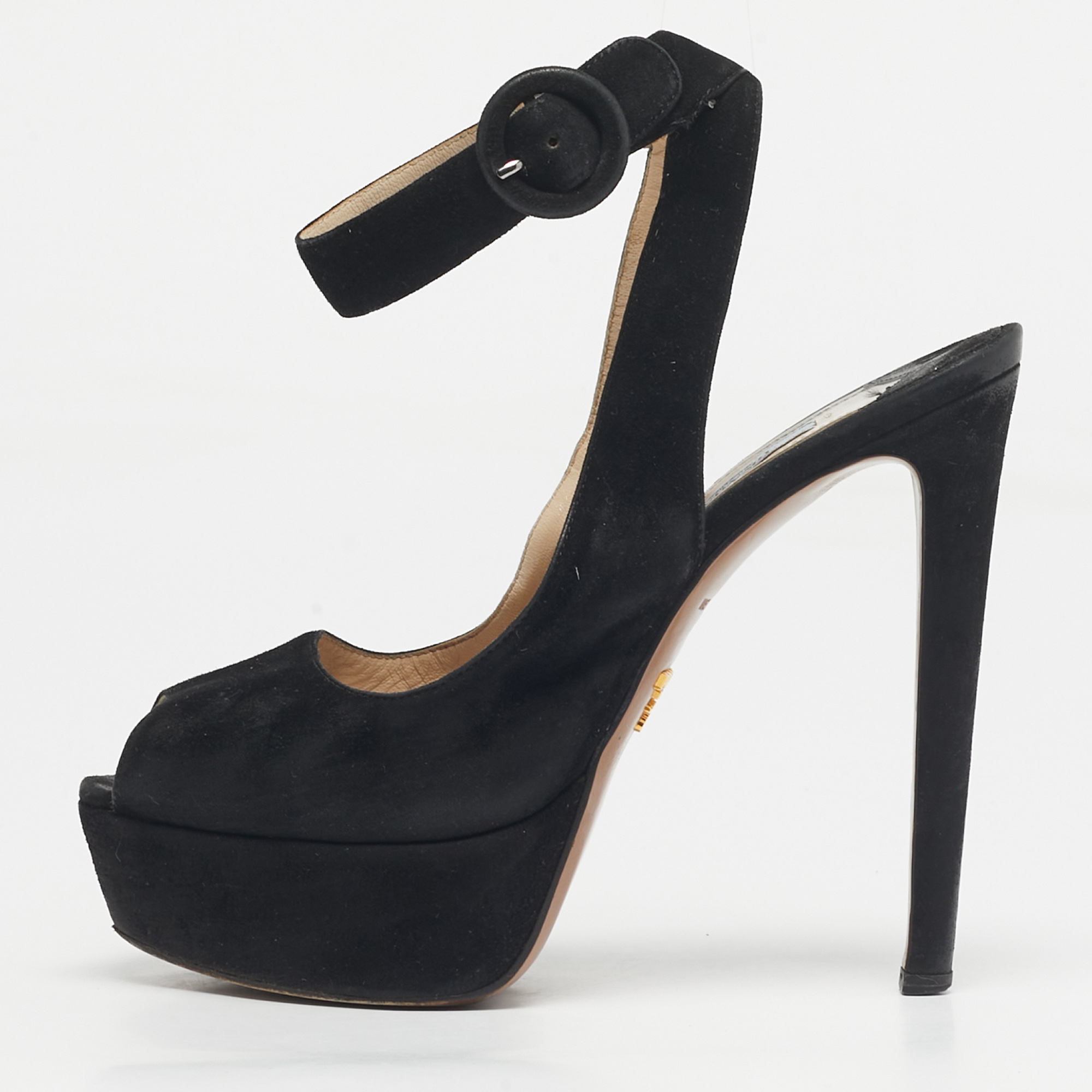 

Prada Black Suede Peep Toe Ankle Strap Pumps Size