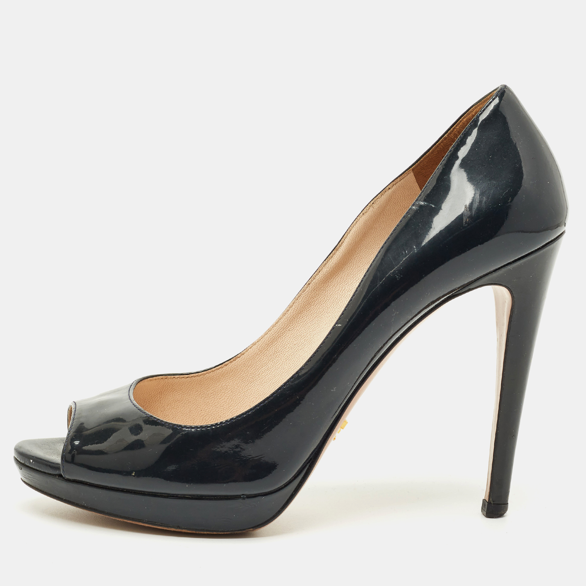 

Prada Navy Blue Patent Leather Peep Toe Pumps Size