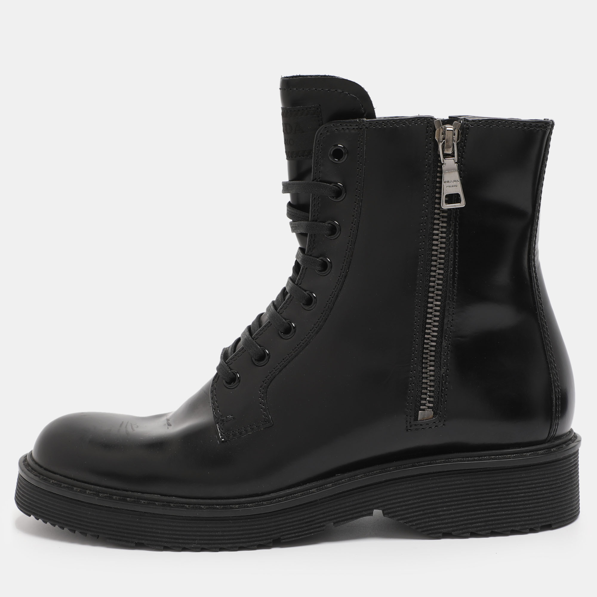 Prada Black Leather Combat Boots Size 38.5