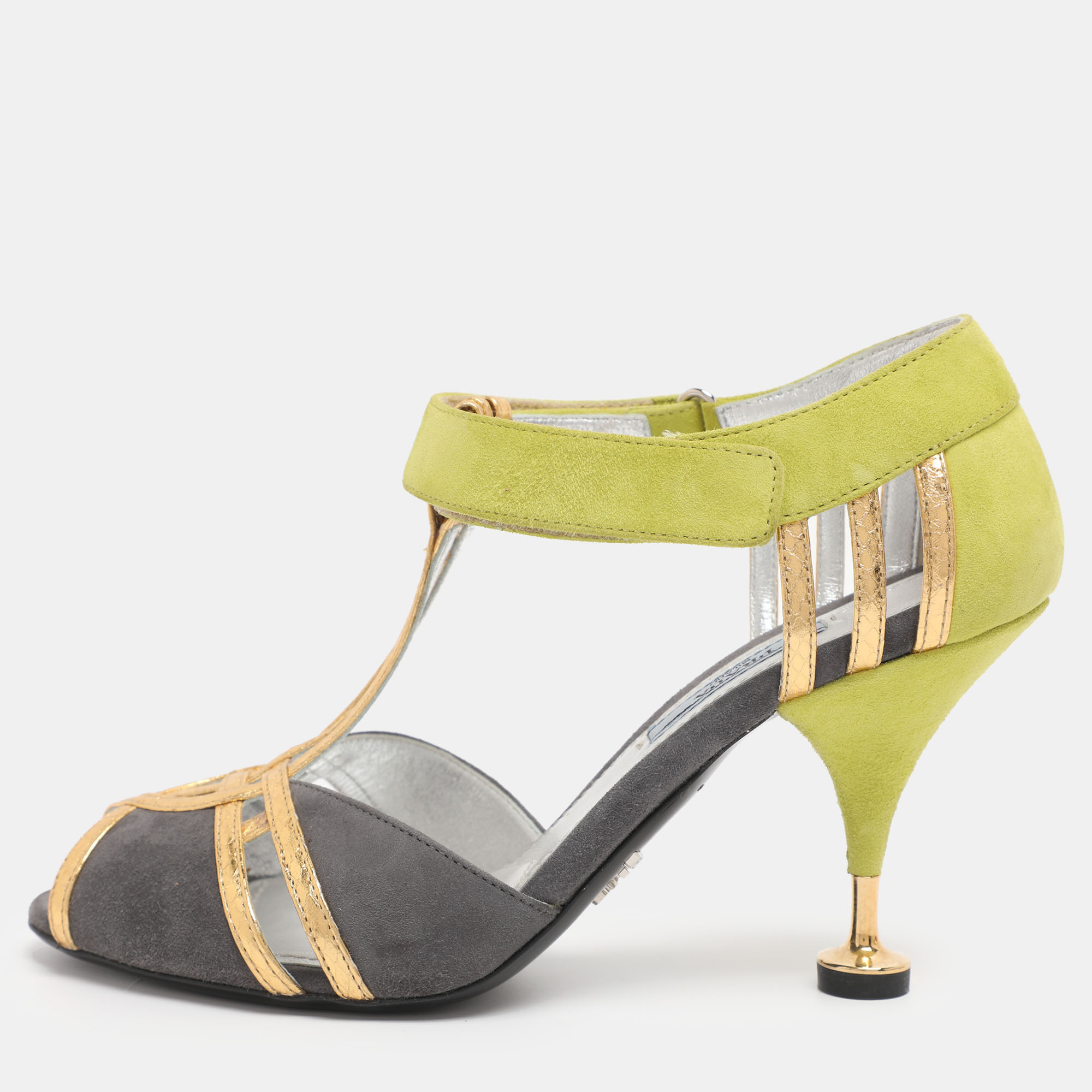 

Prada Multicolor Leather and Suede T-Strap Sandals Size 38