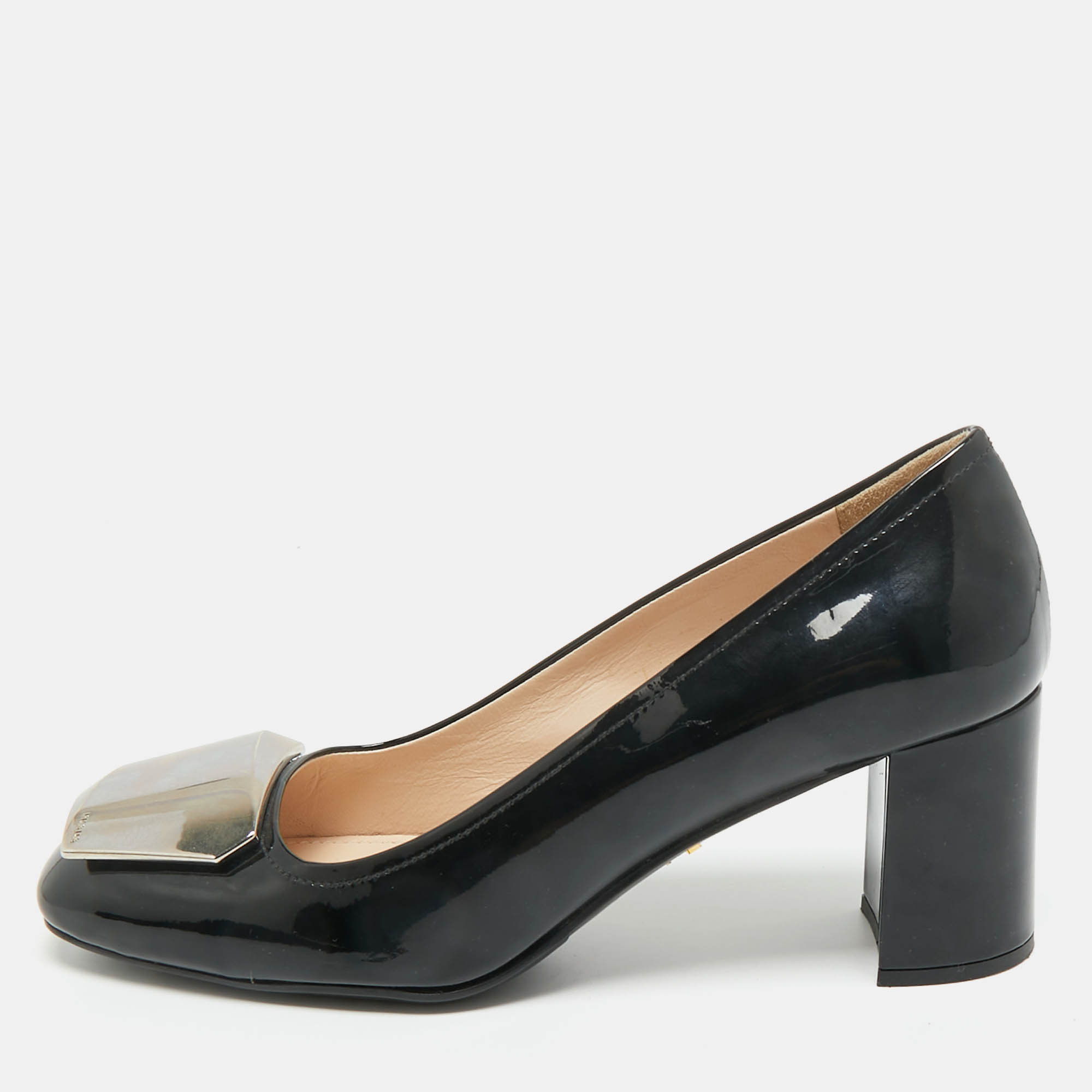Pre-owned Prada Black Patent Leather Block Heel Pumps Size 37