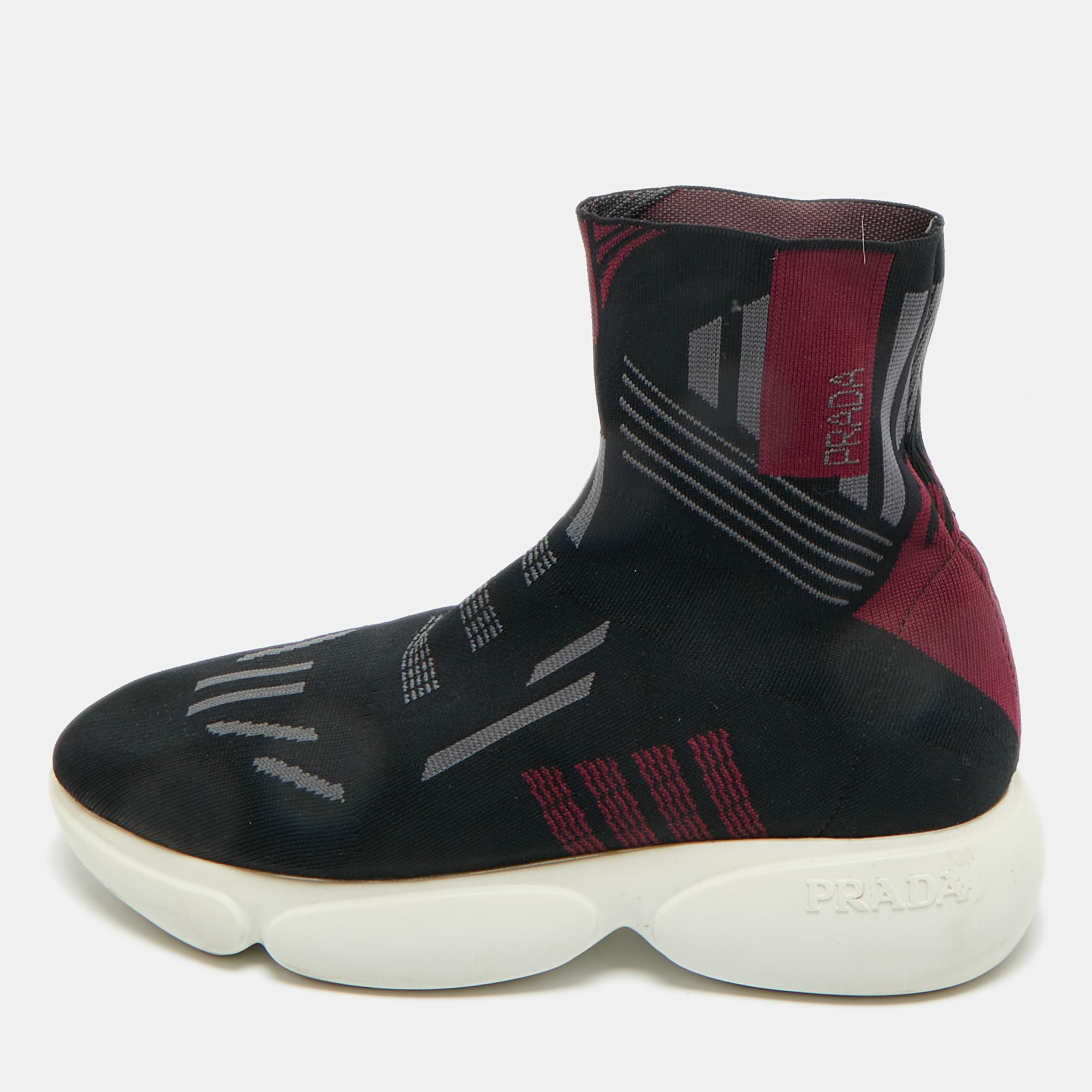 Pre-owned Prada Black/burgundy Knit Fabric Sock Runner High Top Sneakers Size 36.5