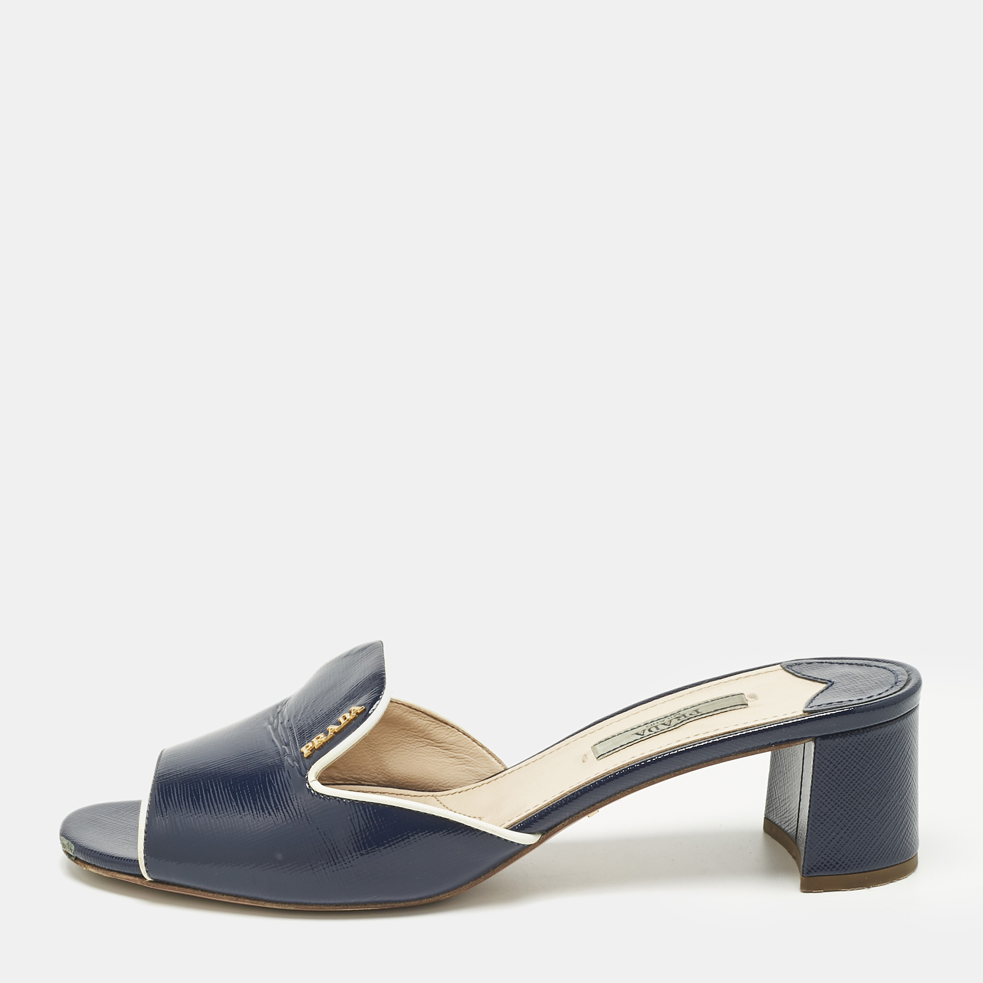 Prada Navy Blue Saffiano Leather Slide Sandals Size 38.5