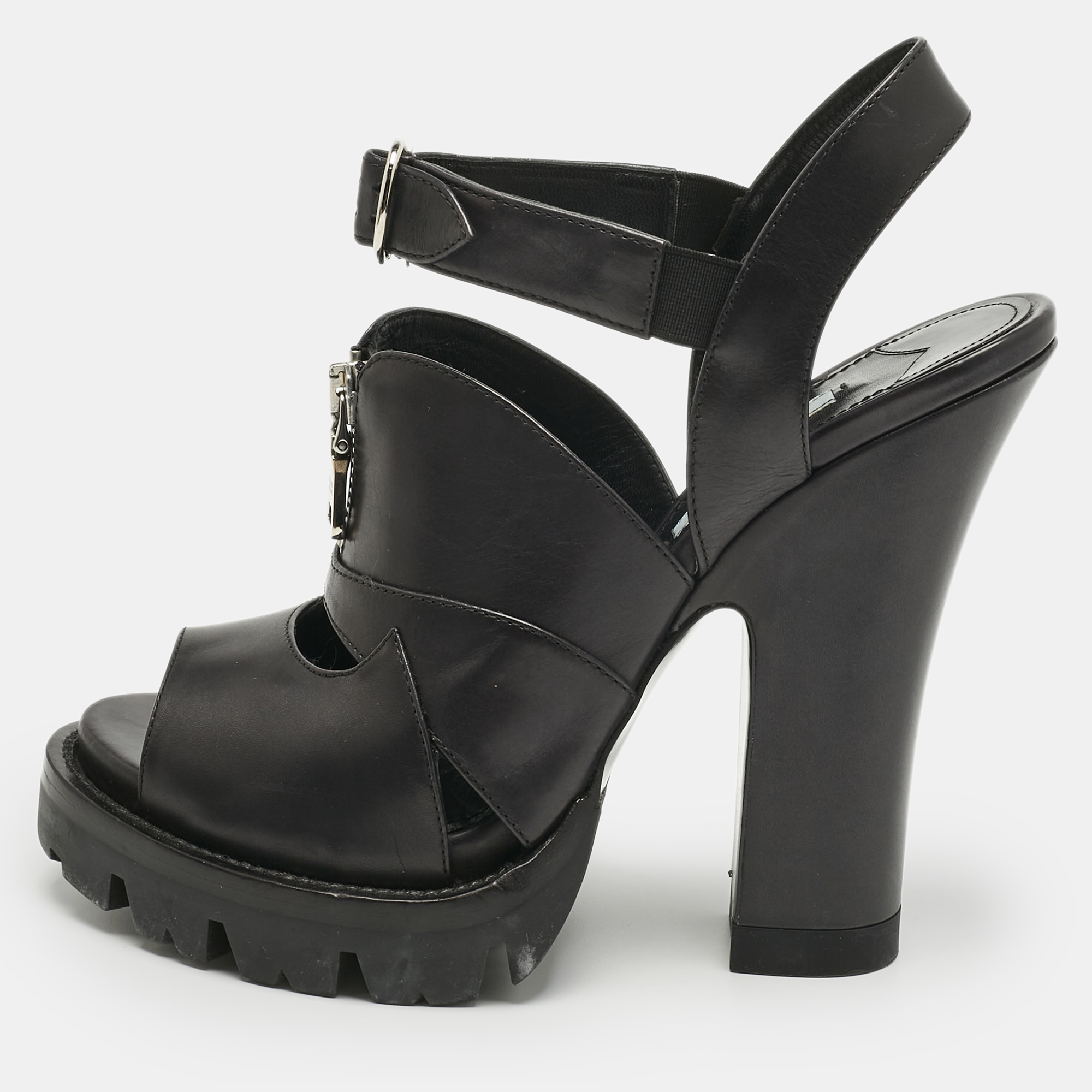 Pre-owned Prada Black Leather Zip Detail Platform Sandals Size 39