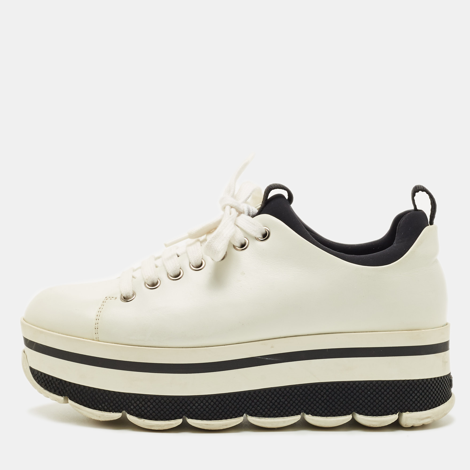 Pre-owned Prada White Leather Linea Rossa Lace Up Sneakers Size 36