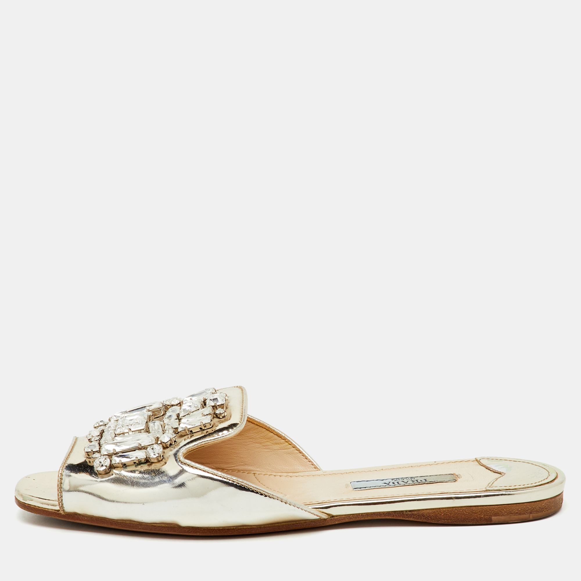 

Prada Silver Foil Leather Crystal Embellished Flat Slide Sandals Size
