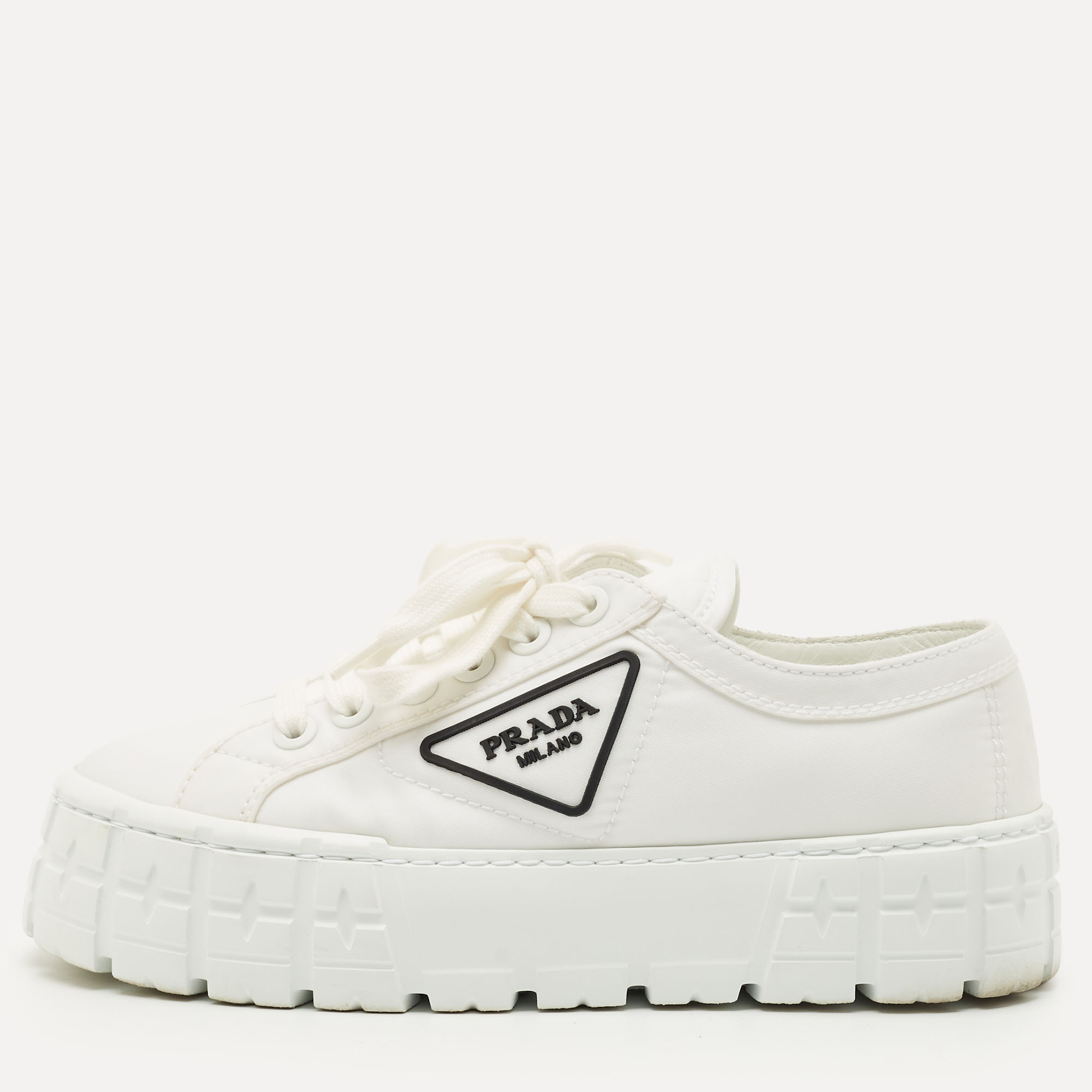 

Prada White Re-Nylon Gabardine Double Wheel Sneakers Size