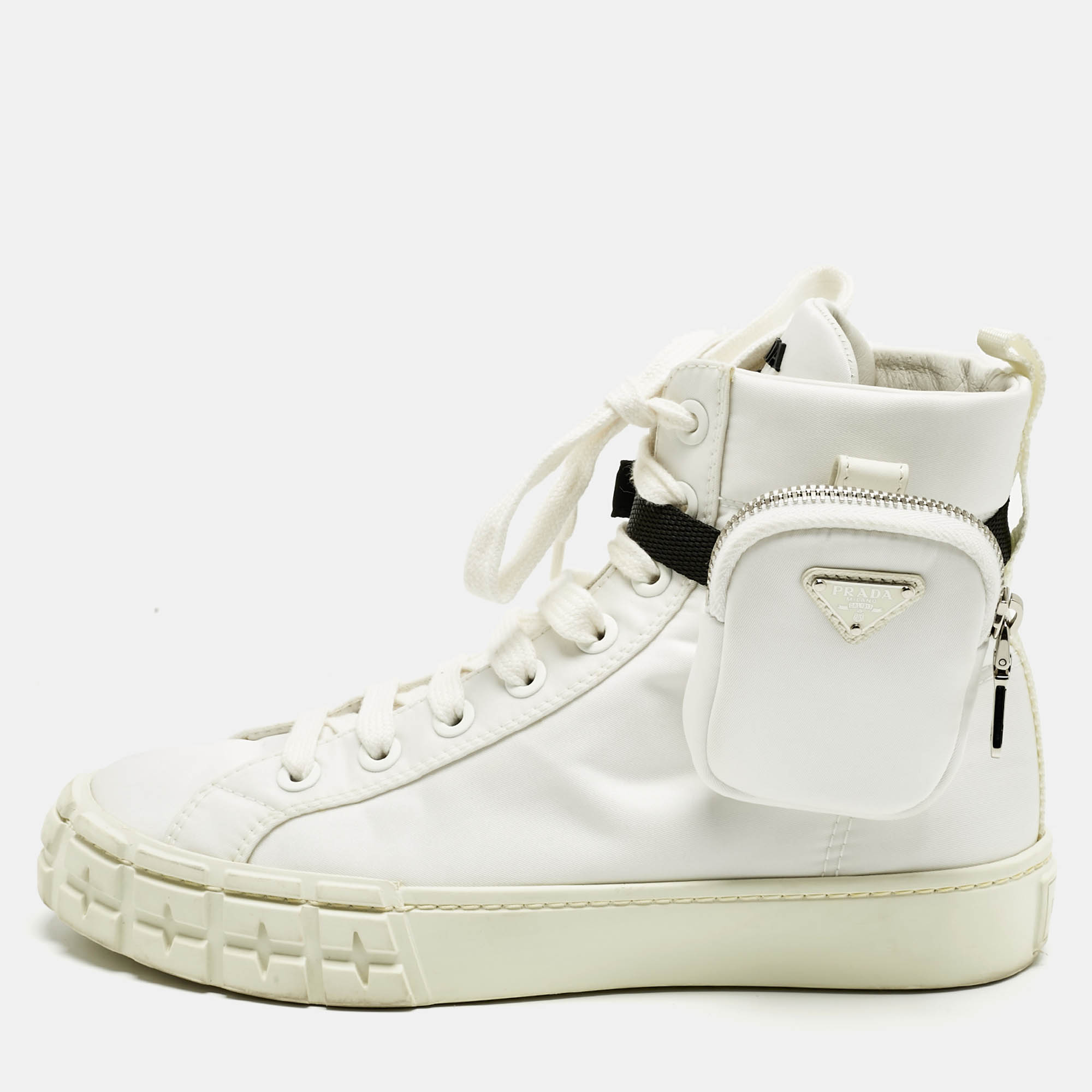 

Prada White Re-Nylon Gabardine Metal Triangle Pouch Pocket Sneakers Size