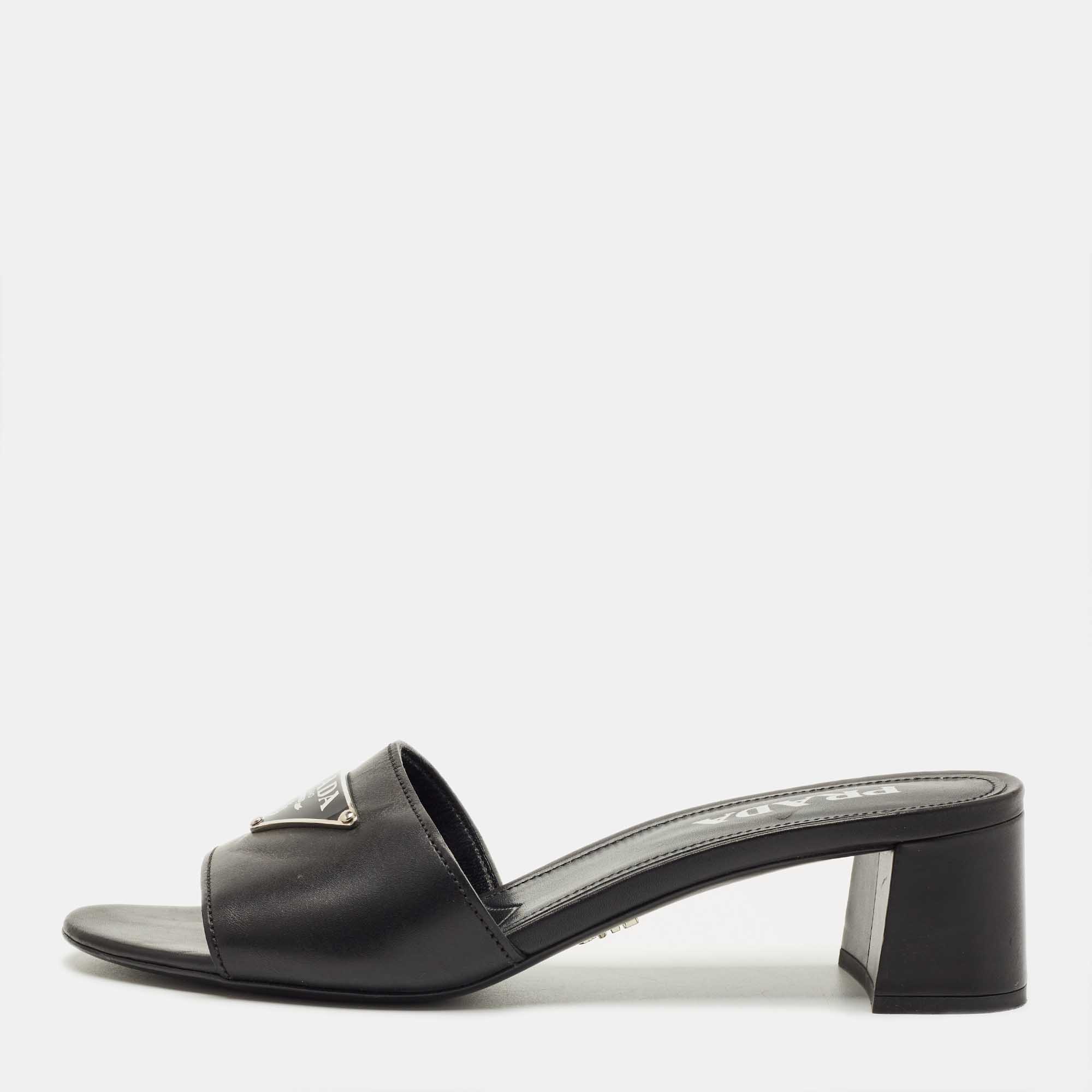 

Prada Black Leather Triangle Logo Slide Sandals Size