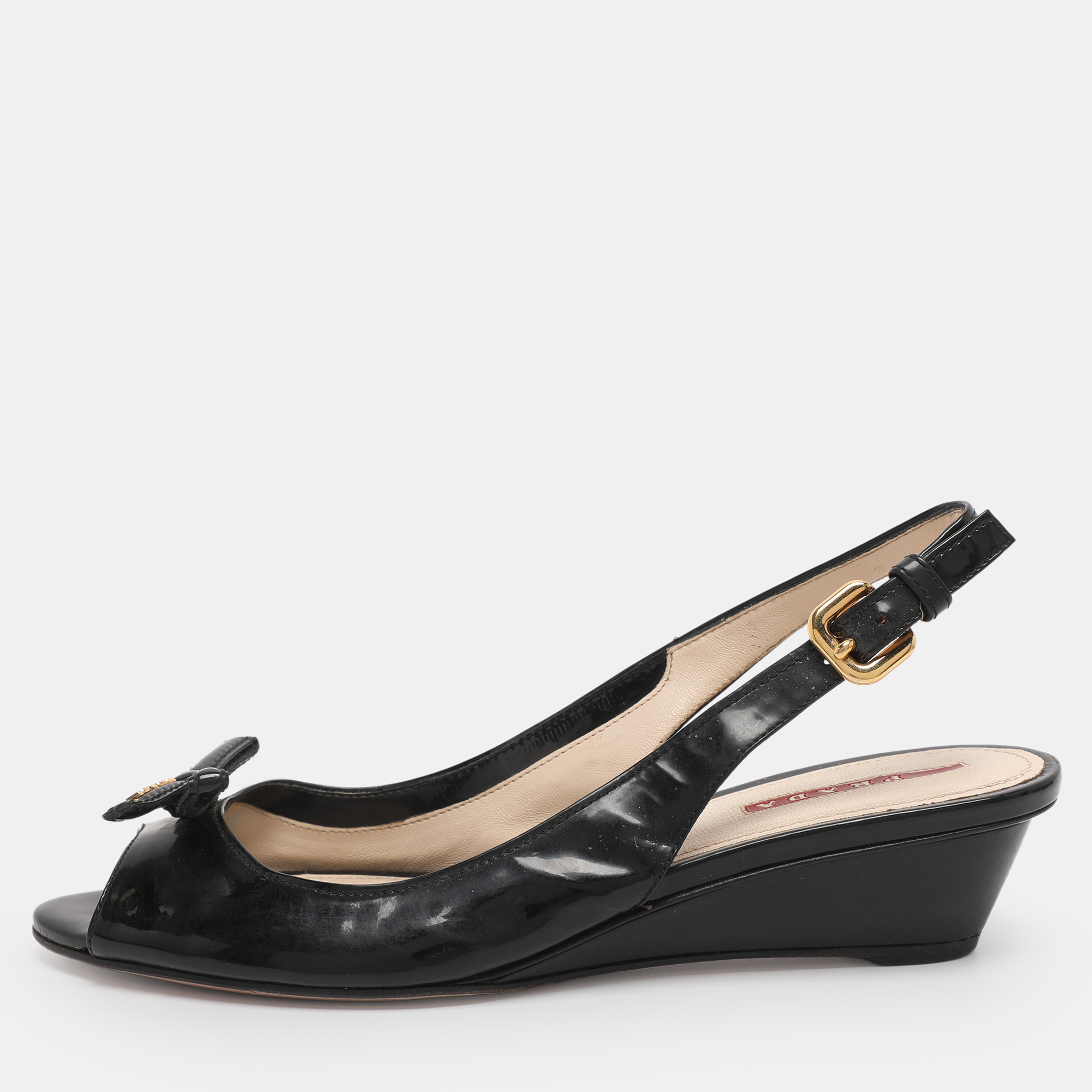 Pre-owned Prada Black Patent Leather Bow Slingback Sandals Size 38