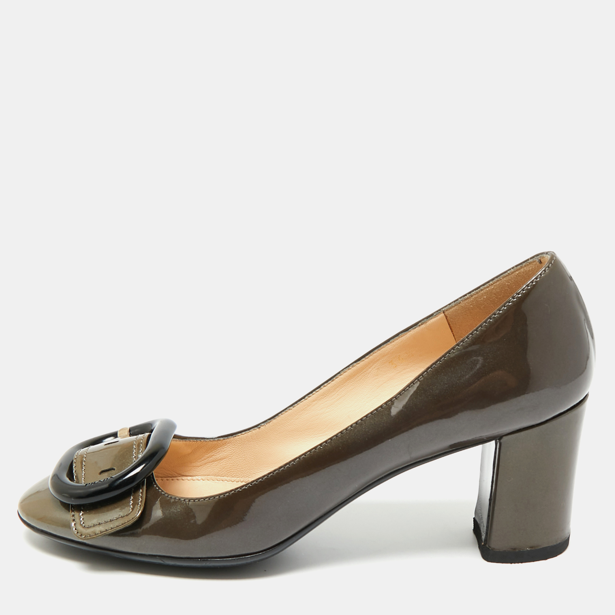 Pre-owned Prada Green Patent Leather Block Heel Pumps Size 36.5