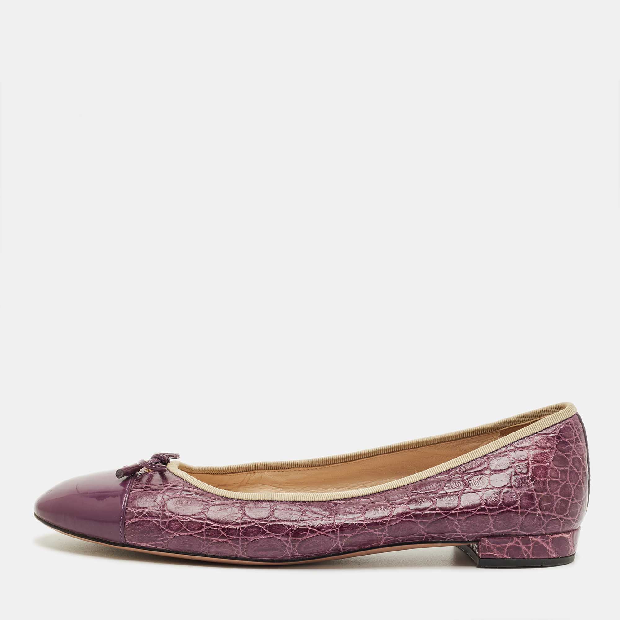 Pre-owned Prada Purple Alligator Leather And Patent Leather Ballet Flats Size 42