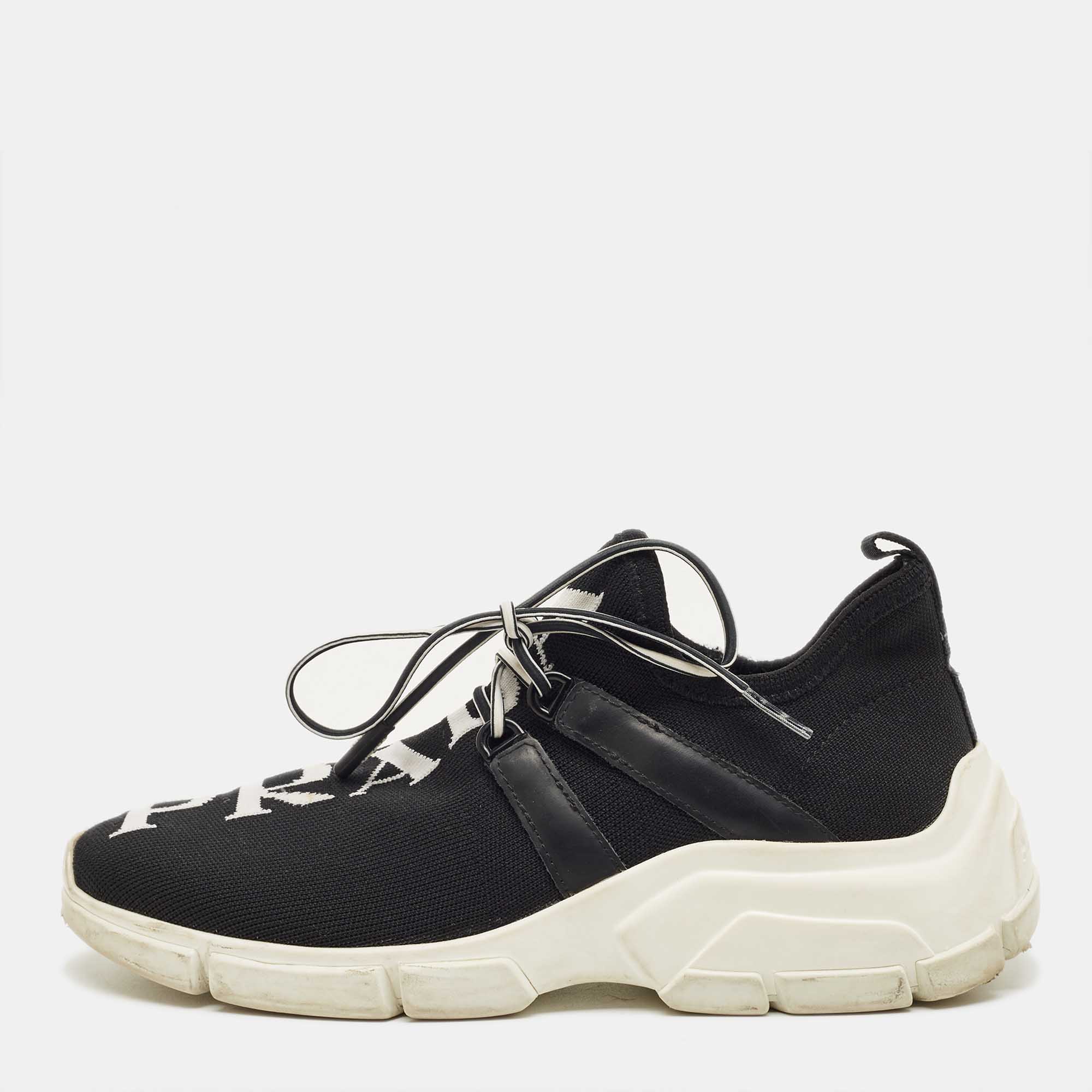 Pre-owned Prada Black Knit Fabric And Leather Lace Up Sneakers Size 35
