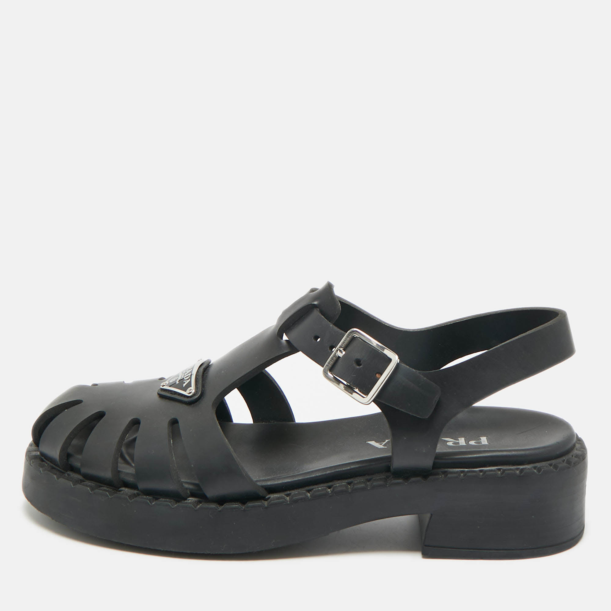 Pre-owned Prada Black Rubber Monolith Ankle Strap Sandals Size 40
