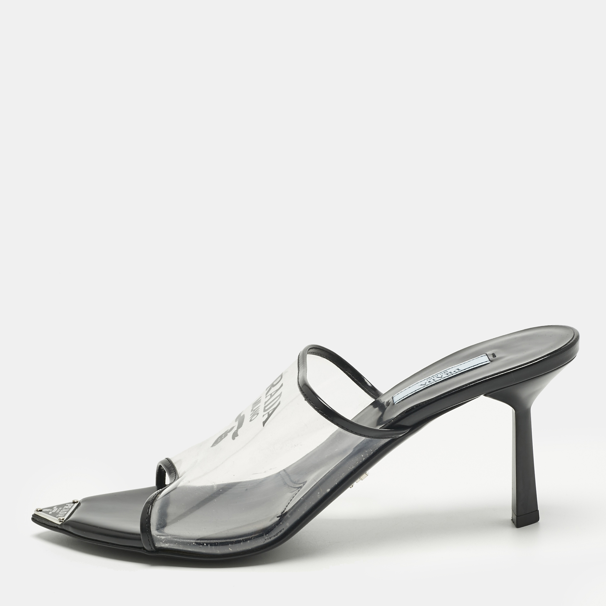 Pre-owned Prada Transparent Pvc Logo Open Toe Mules Size 39.5