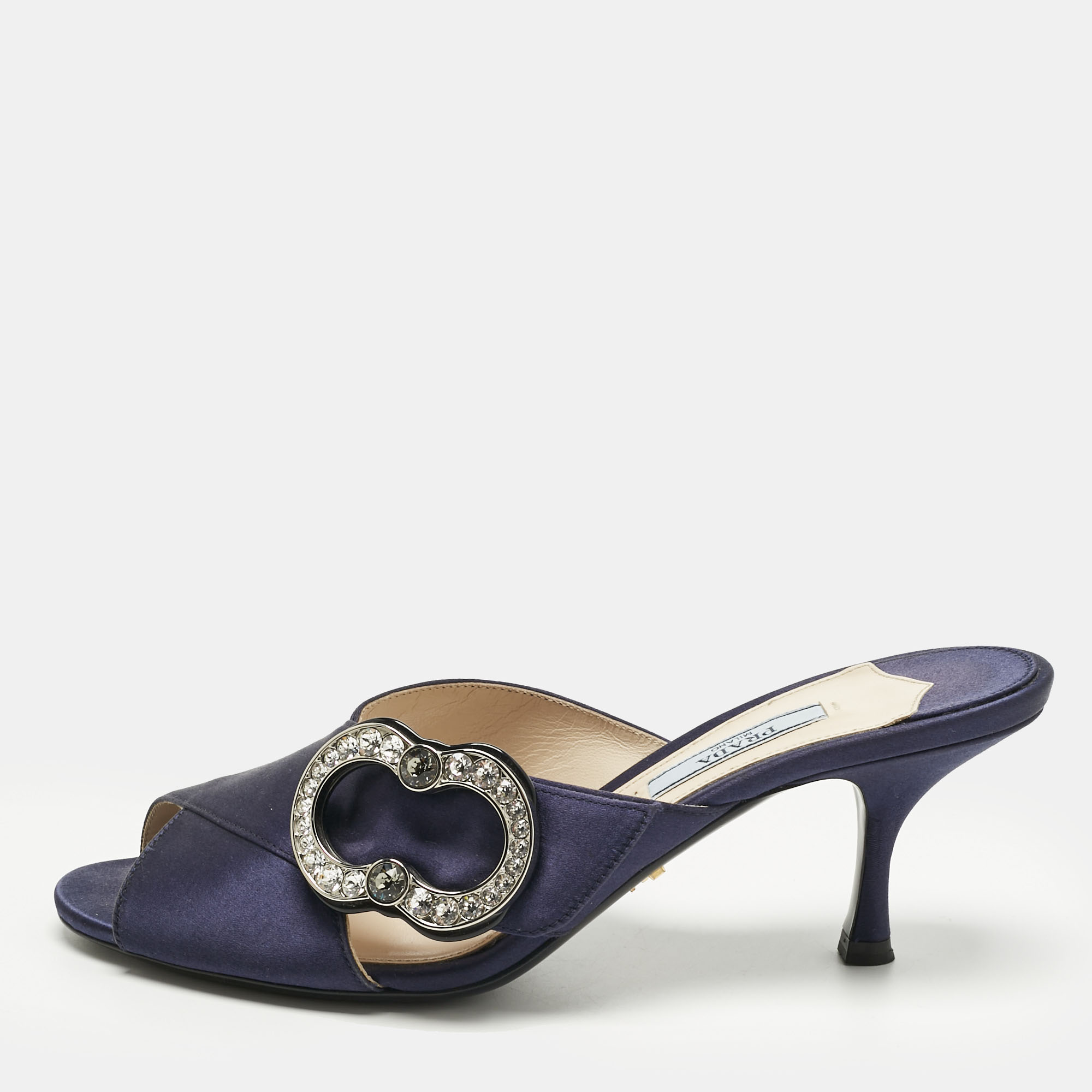Pre-owned Prada Navy Blue Satin Crystal Embellished Slide Sandals Size 38