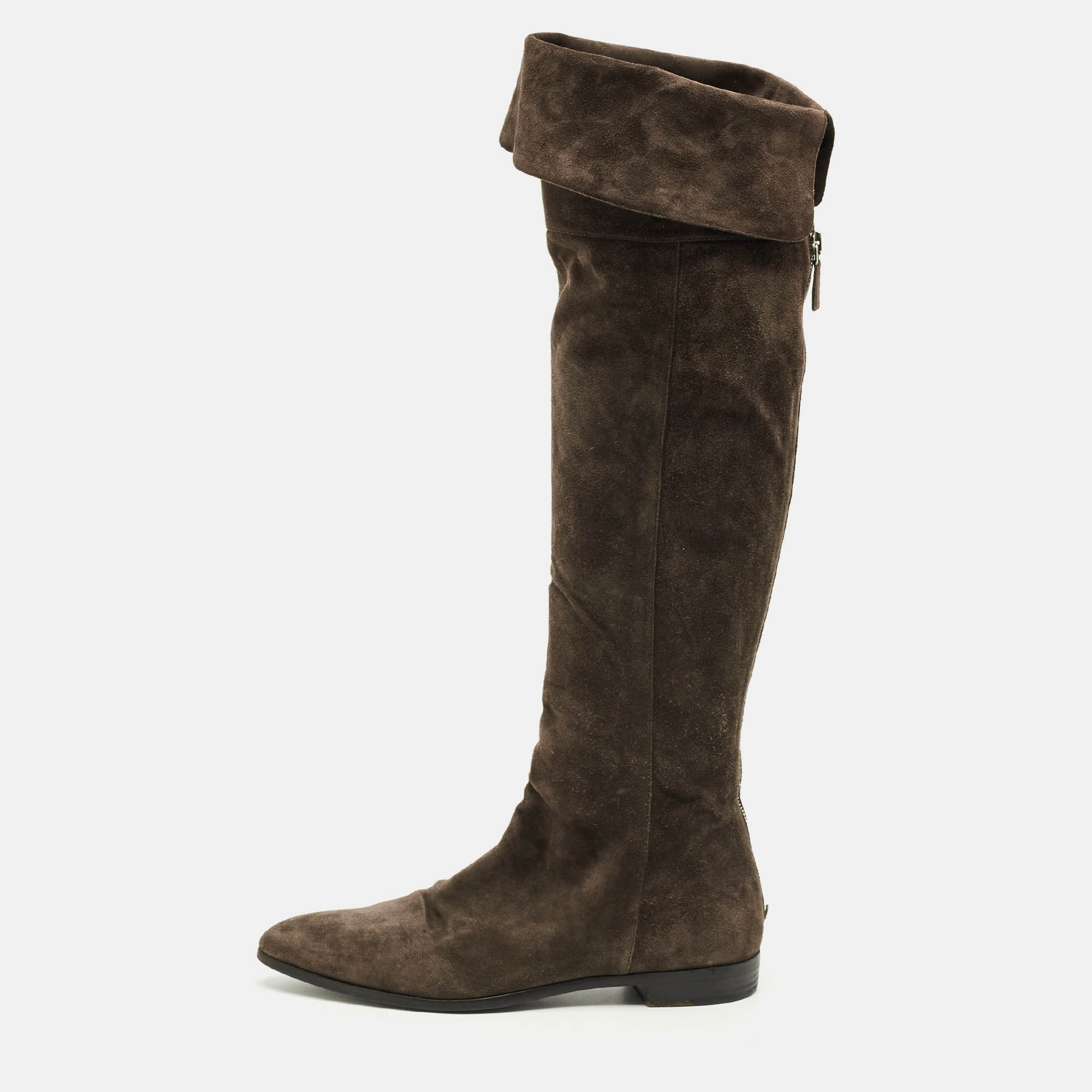 Pre-owned Prada Dark Brown Suede Fold Over Knee Length Boots Size 40