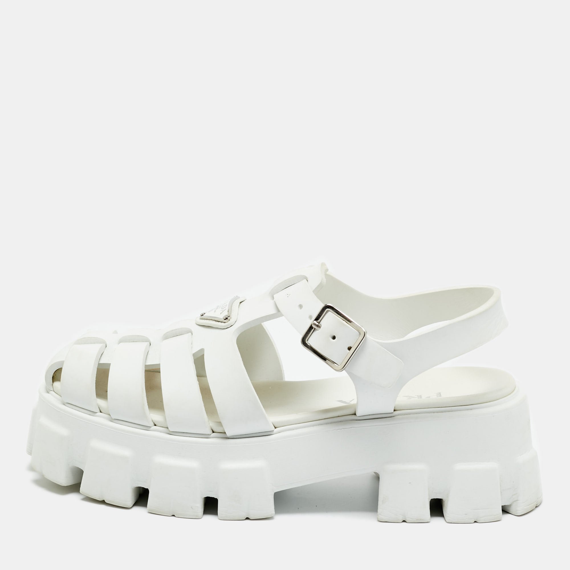 

Prada White Leather Monolith Ankle Strap Sandals Size