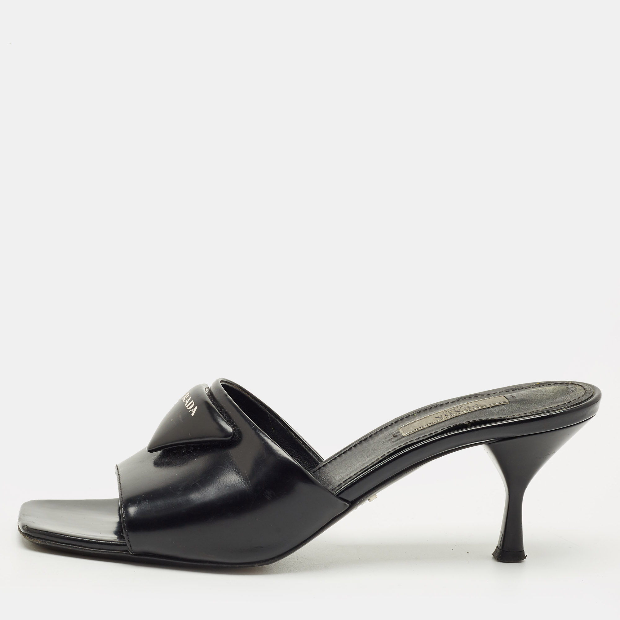 

Prada Black Patent Leather Logo Slide Sandals Size
