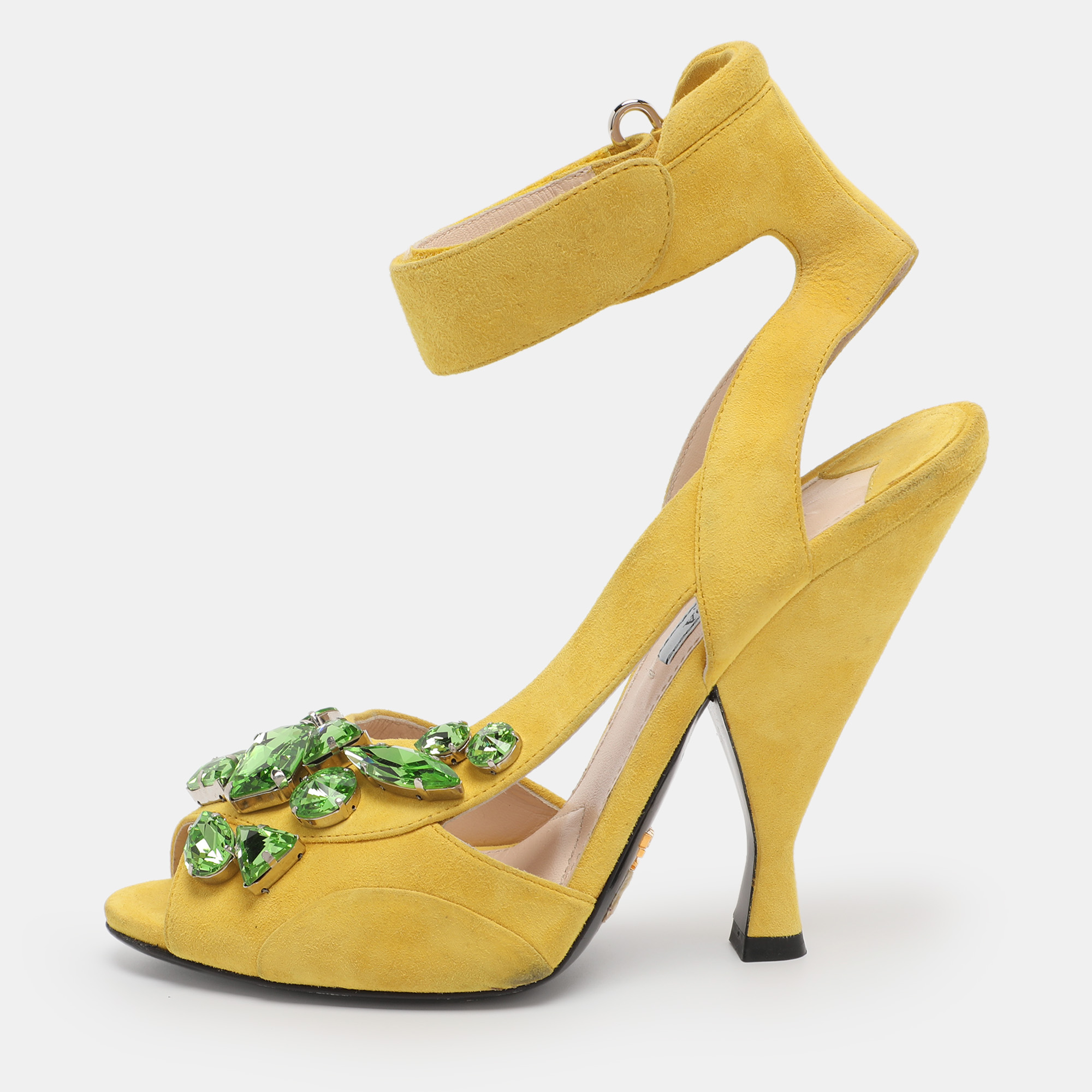 Pre-owned Prada Yellow Crystal Embellished Suede Leather Ankle Cuff Sandals Size 38.5