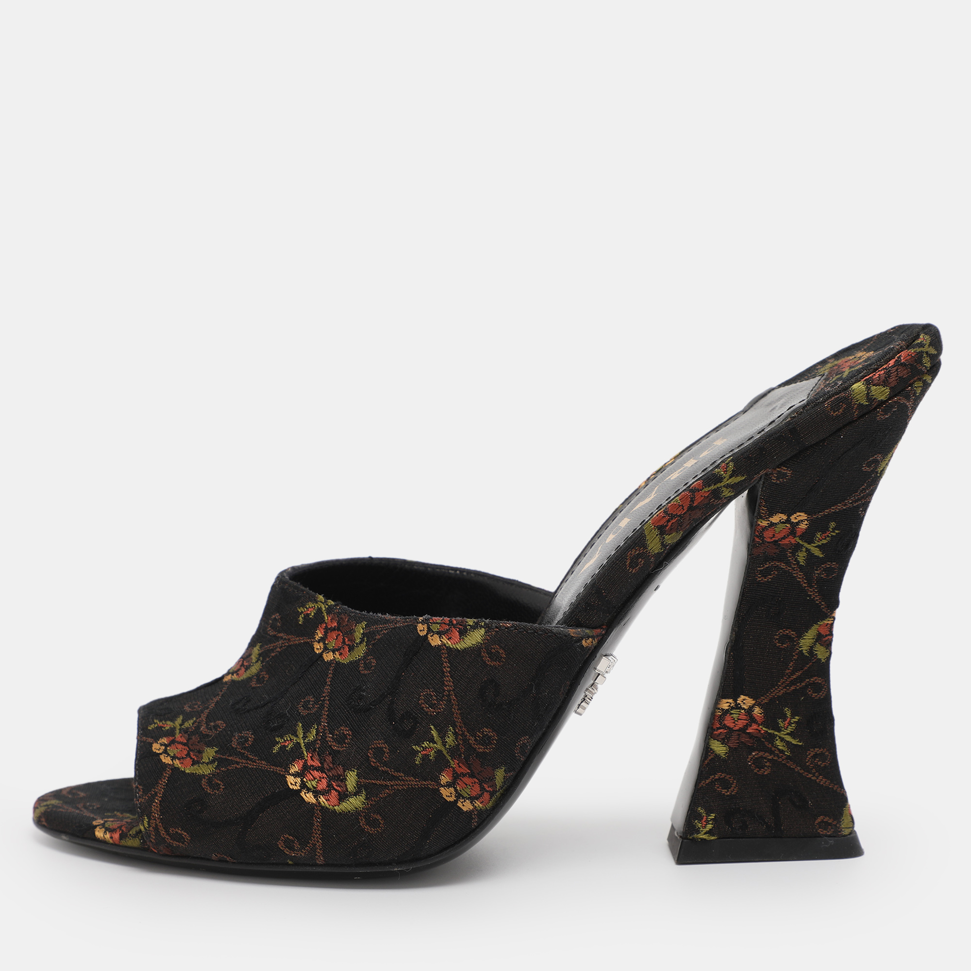Pre-owned Prada Metallic Floral Embroidered Jacquard Slide Sandals Size 38 In Silver