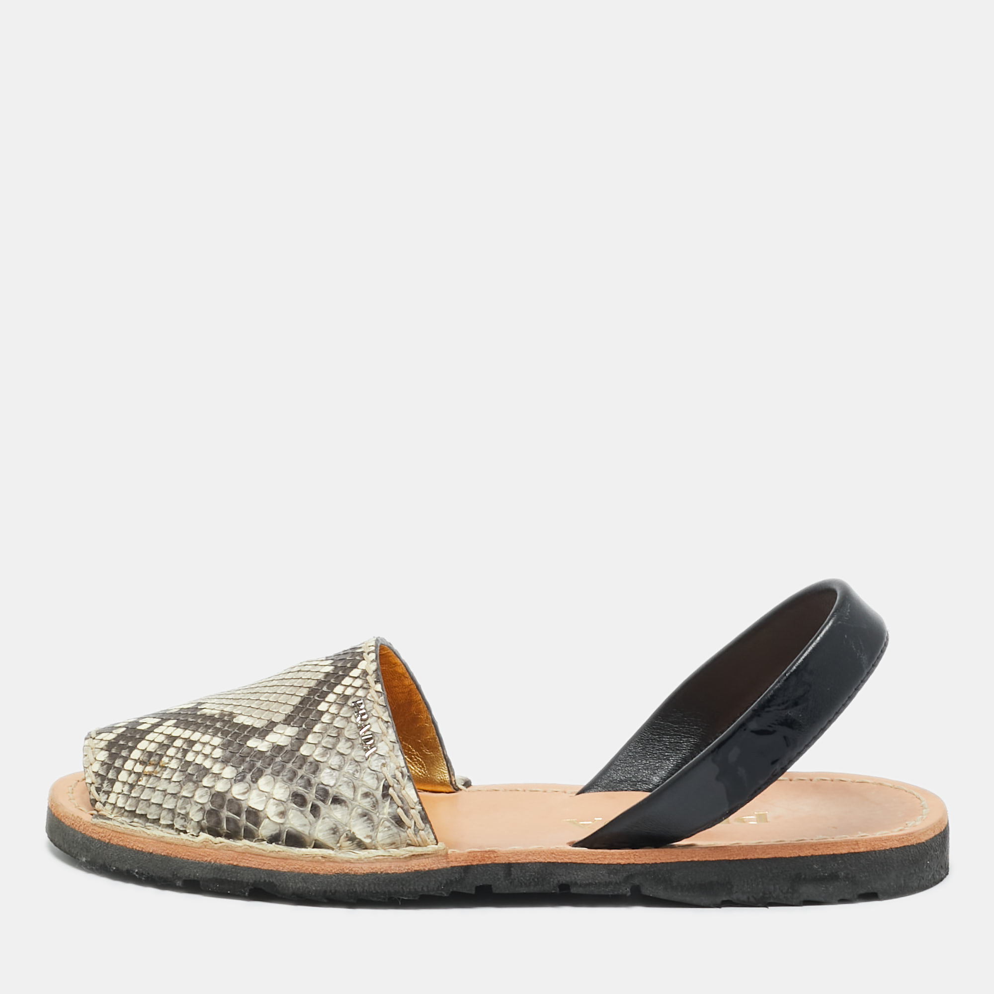 Pre-owned Prada Grey Python And Leather Flat Slingback Sandals Size 39.5 In Gray