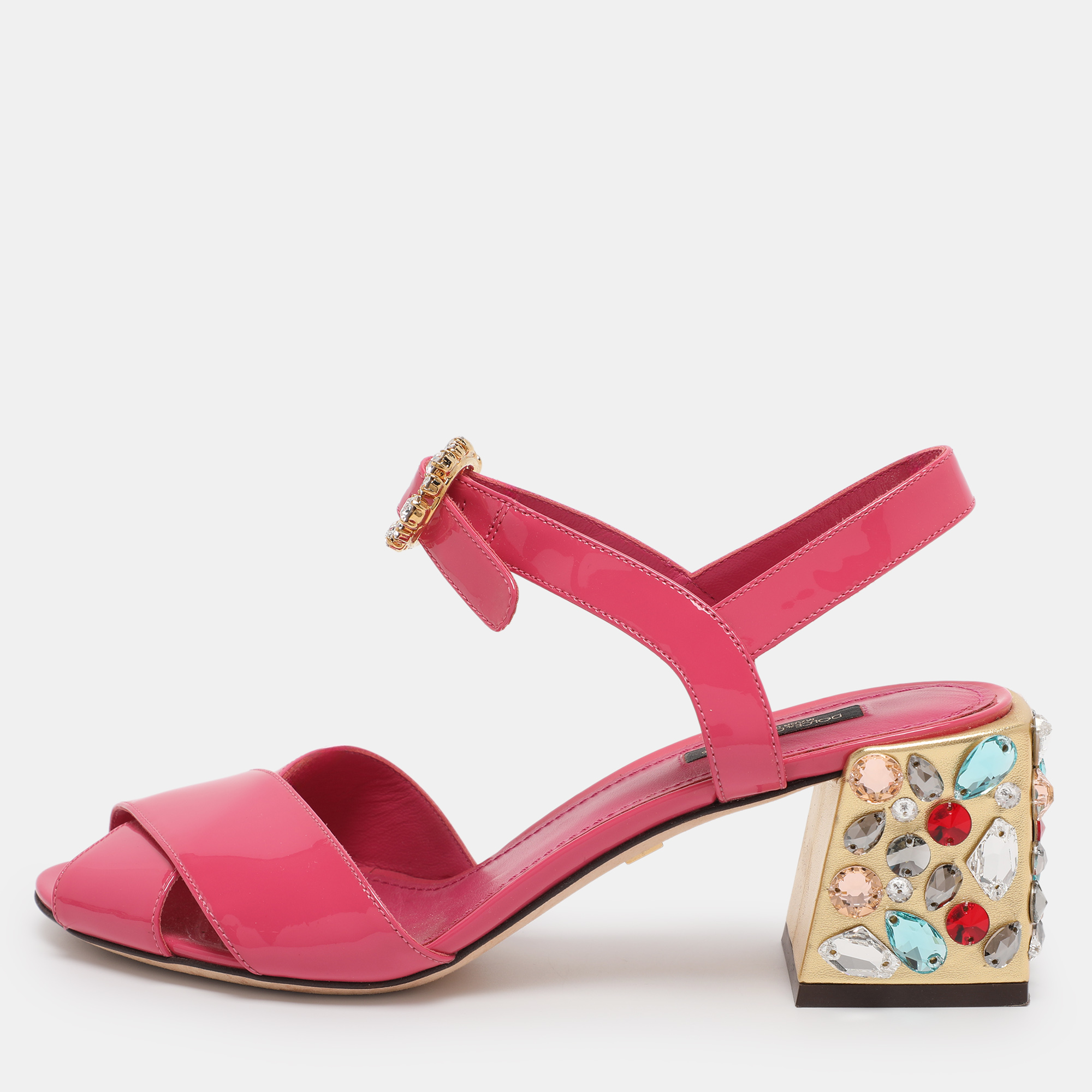 Pre-owned Prada Dolce & Gabbana Pink Patent Leather Crystal Embellished Heel Ankle Strap Sandals Size 38.5