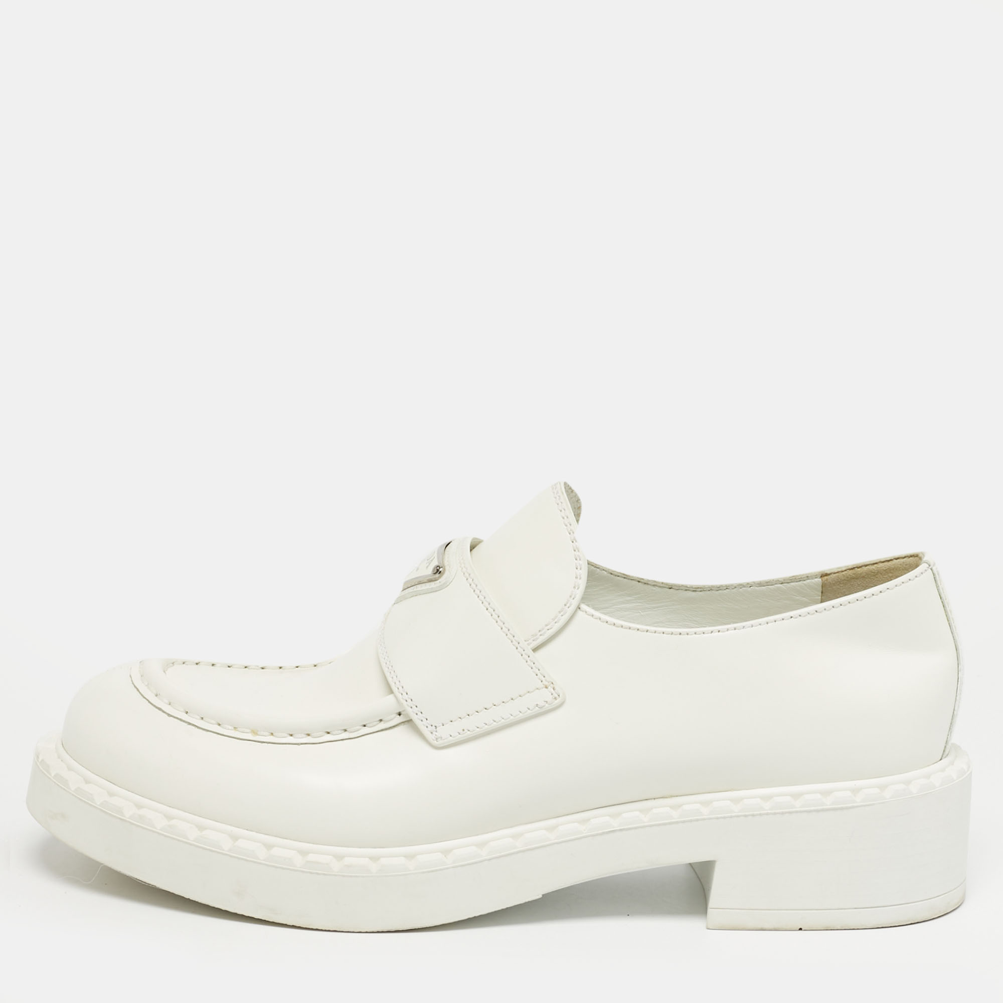 Pre-owned Prada White Leather Monolith Loafers Size 40