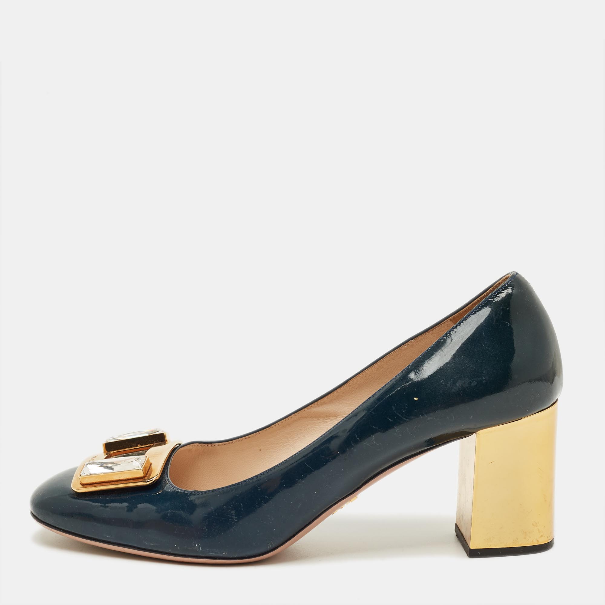 

Prada Teal Green Patent Leather Buckle Crystal Pumps Size
