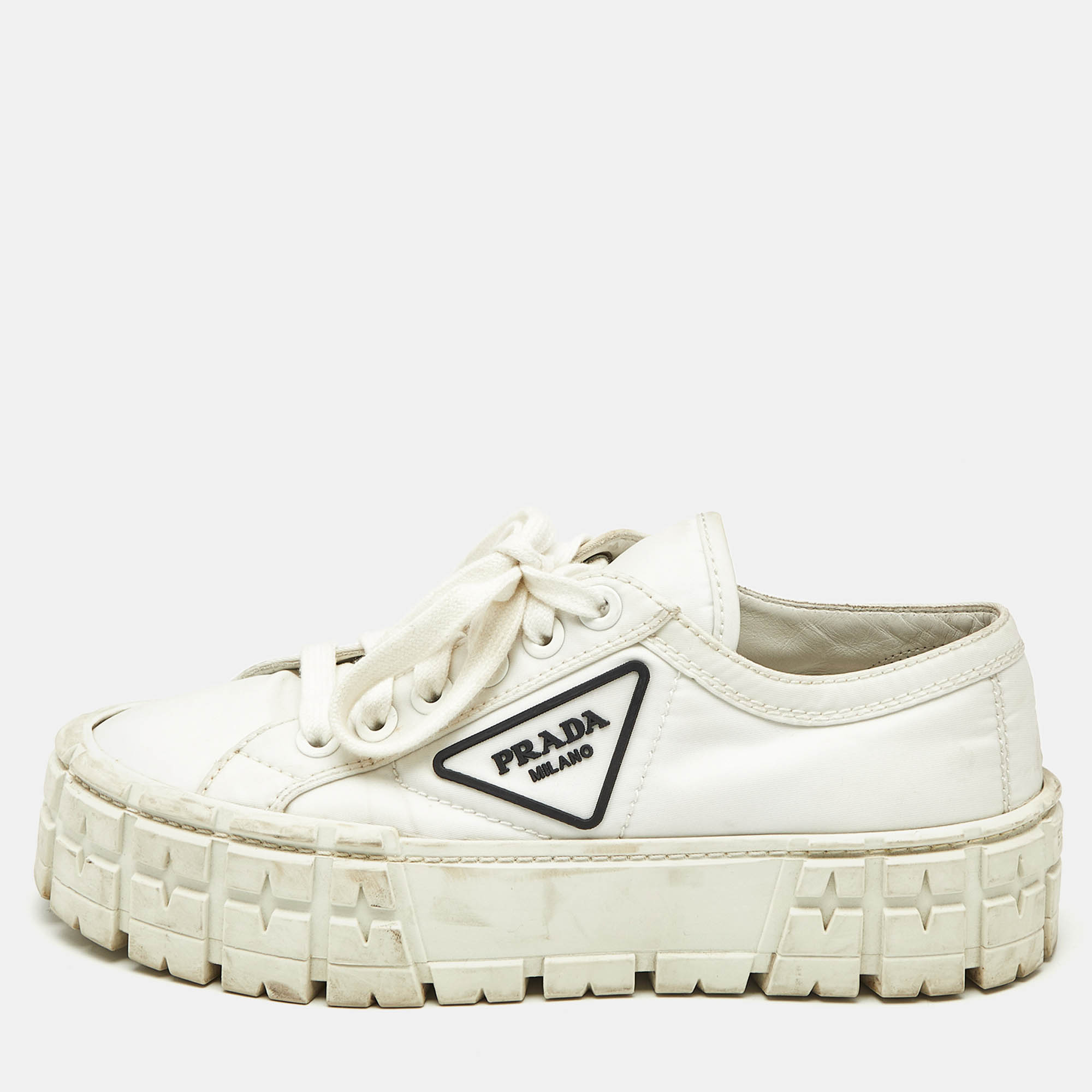 Pre-owned Prada White Nylon Double Wheel Low Top Sneakers Size 37.5