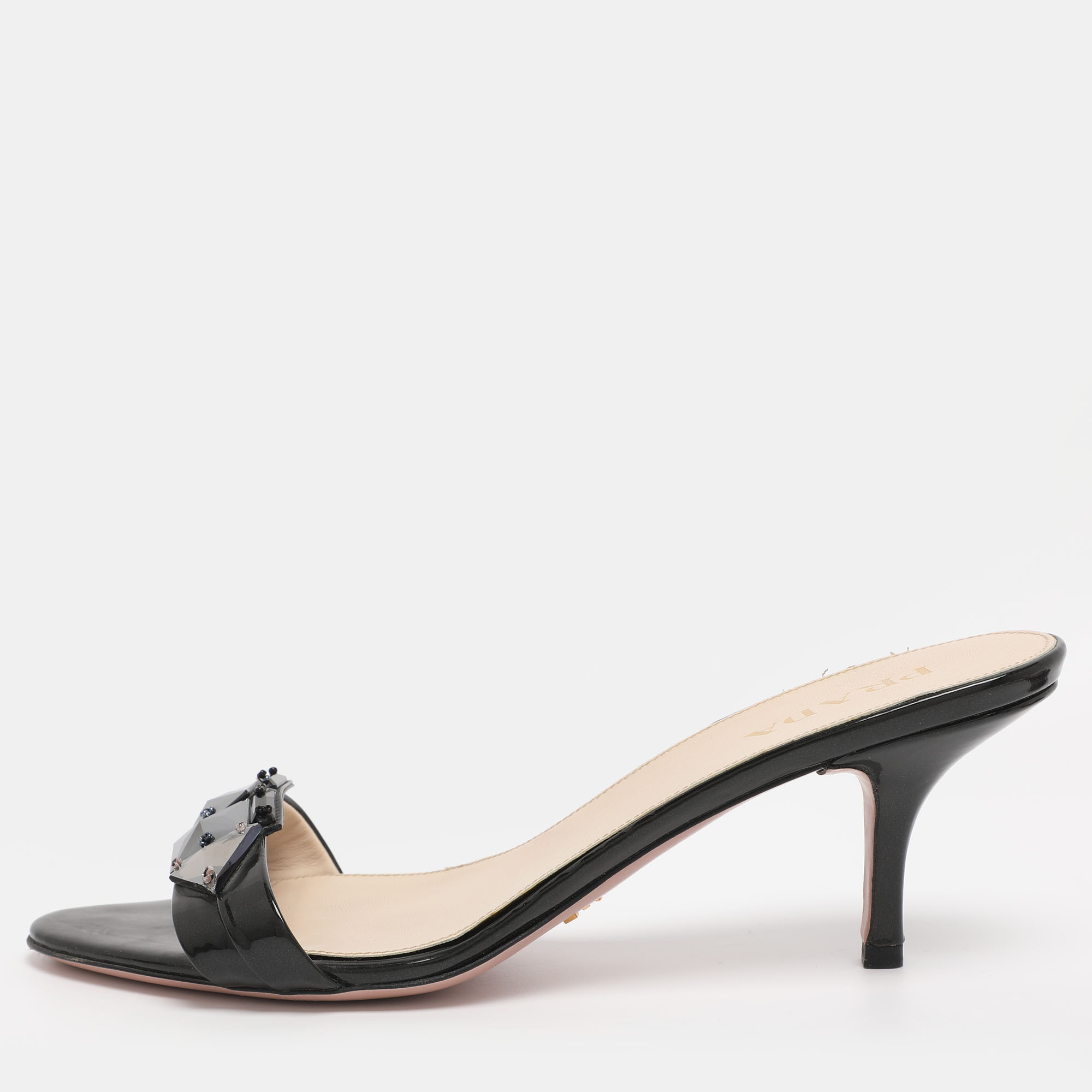 Pre-owned Prada Black Patent Leather Embellished Slide Sandals Size 39
