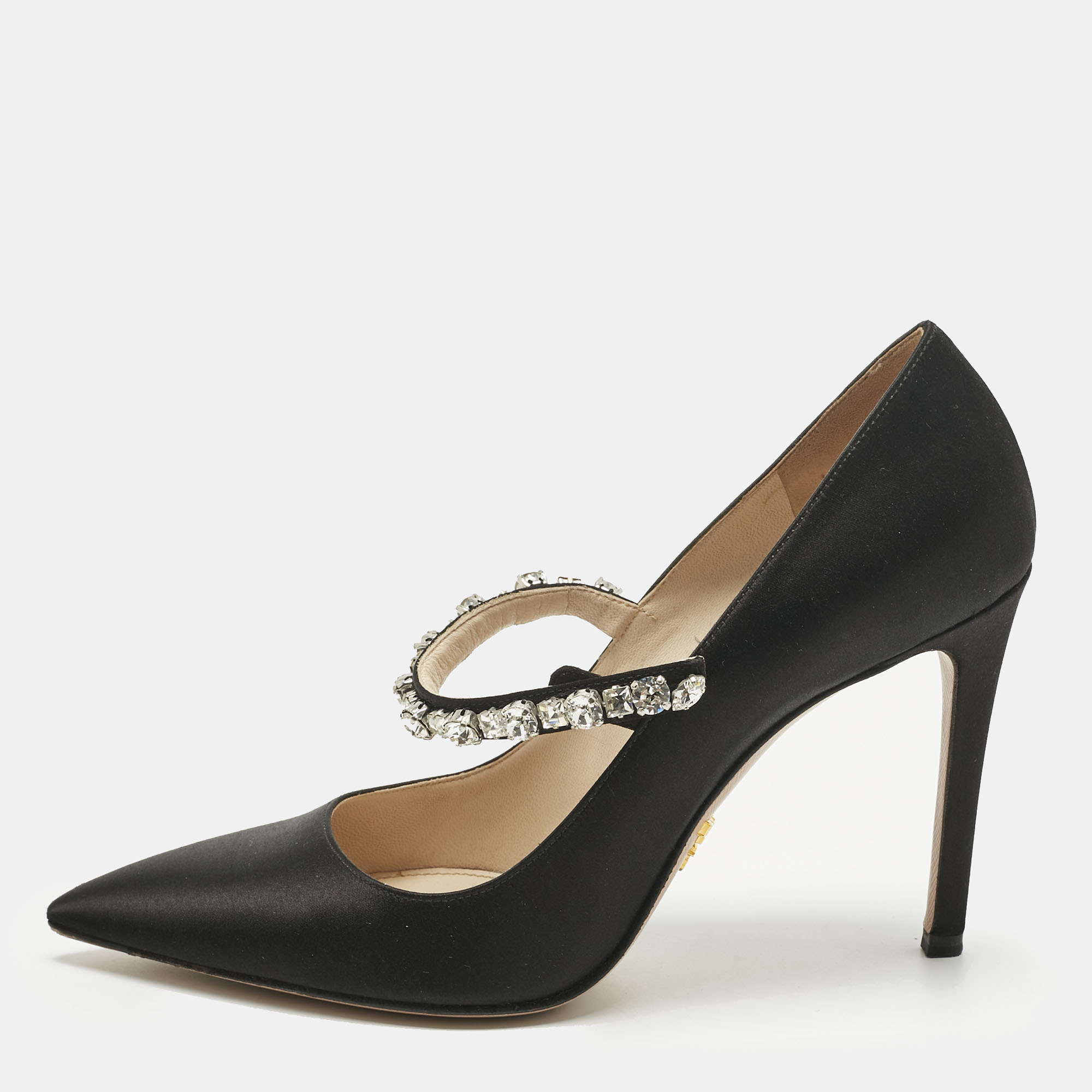 Pre-owned Prada Black Satin Crystal Embellished Pointed Toe Pumps Size 37