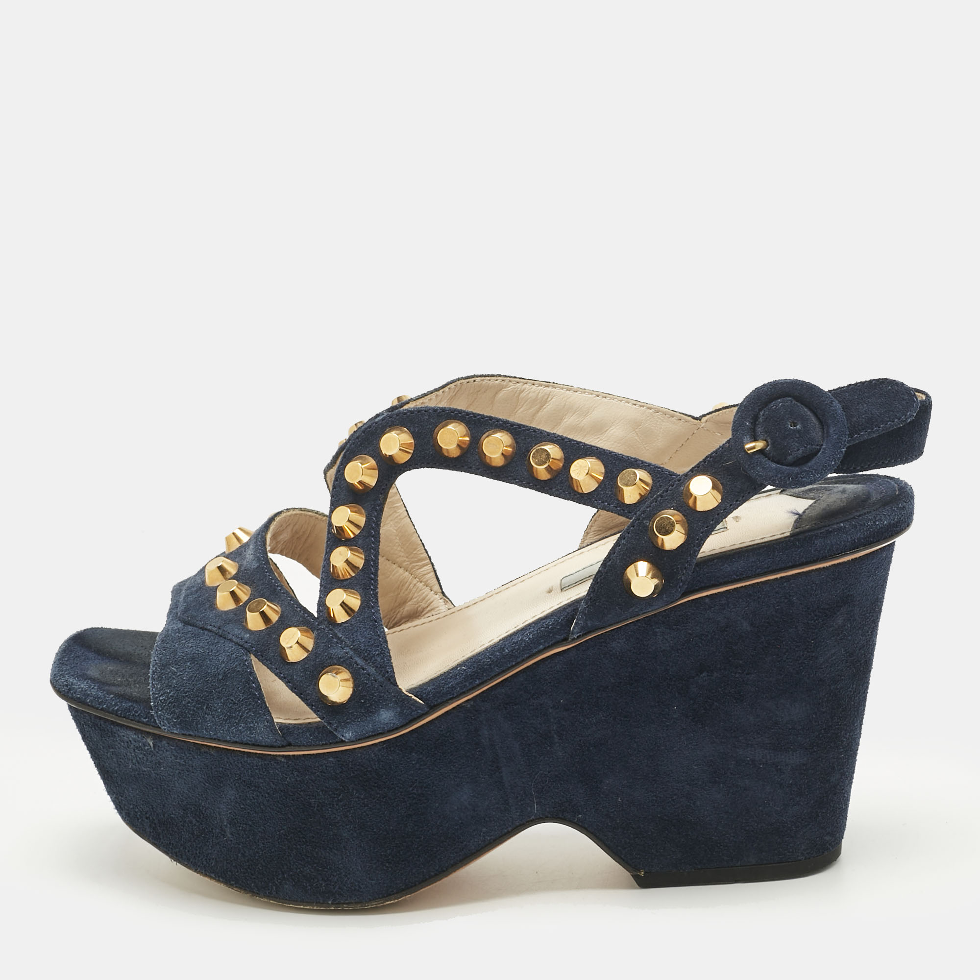 Pre-owned Prada Navy Blue Suede Studded Wedge Sandals Size 36