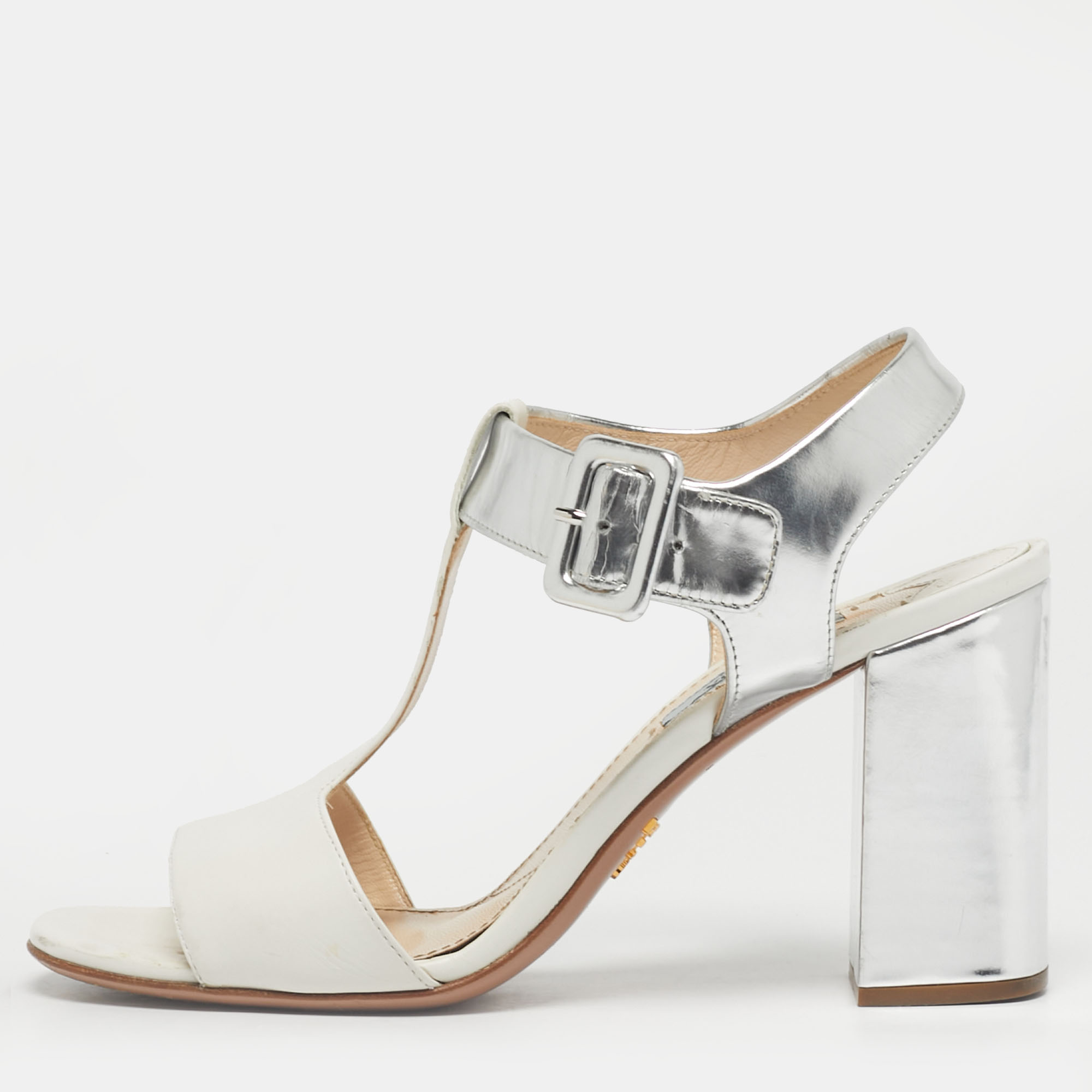 

Prada White/Silver Leather Block Heel Ankle Strap Sandals Size