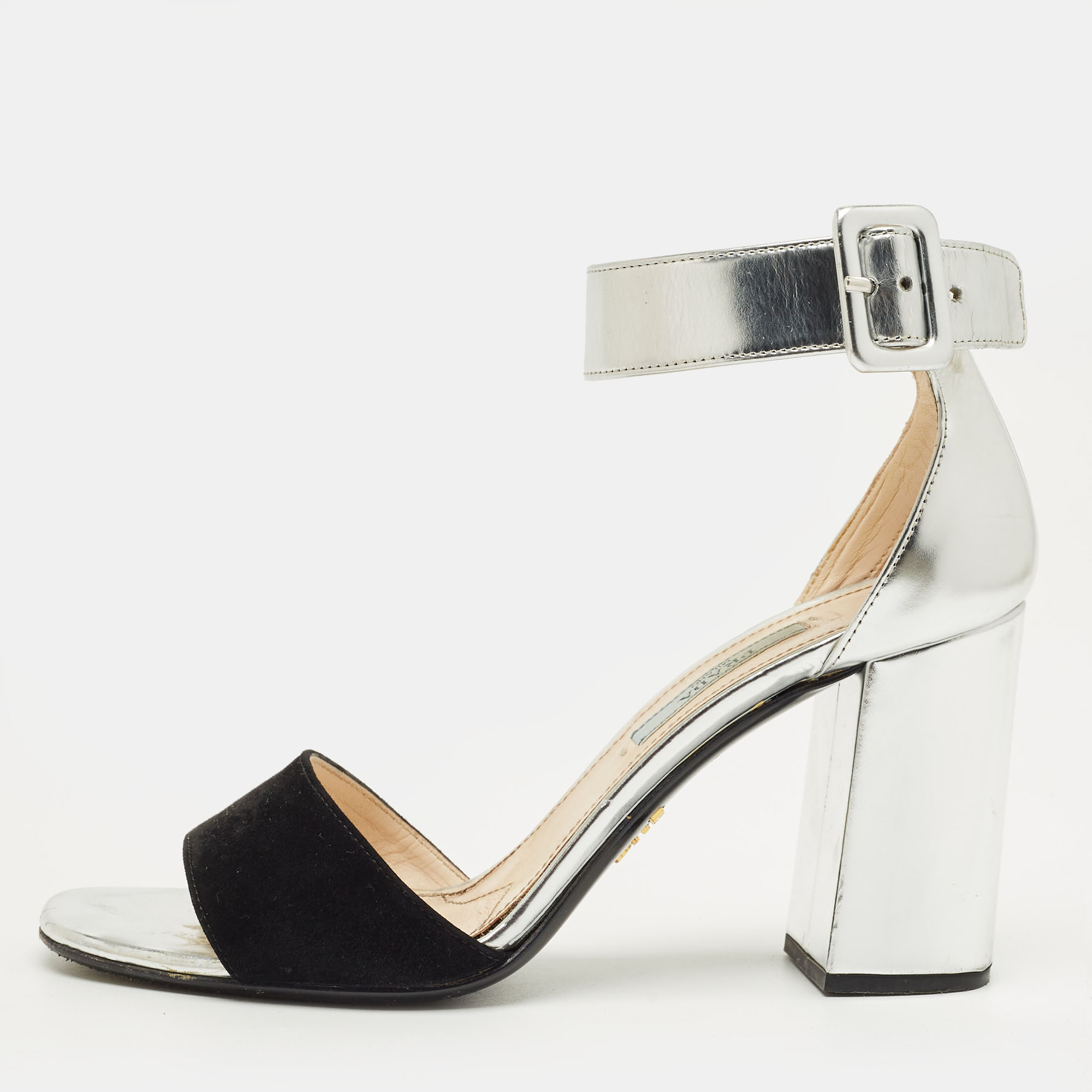 Pre-owned Prada Silver Patent Leather And Suede Ankle Strap Sandals Size 37.5