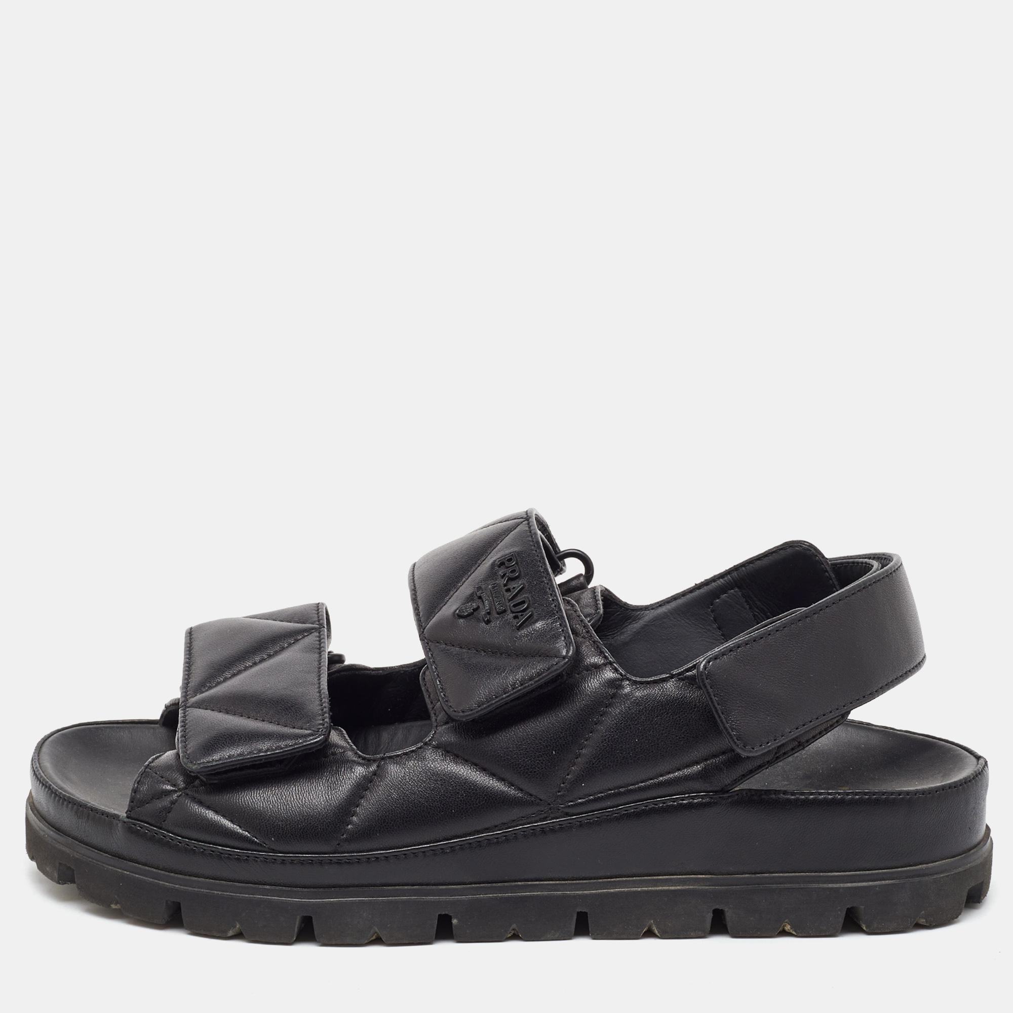 

Prada Black Quilted Padded Leather Ankle Strap Sandals Size