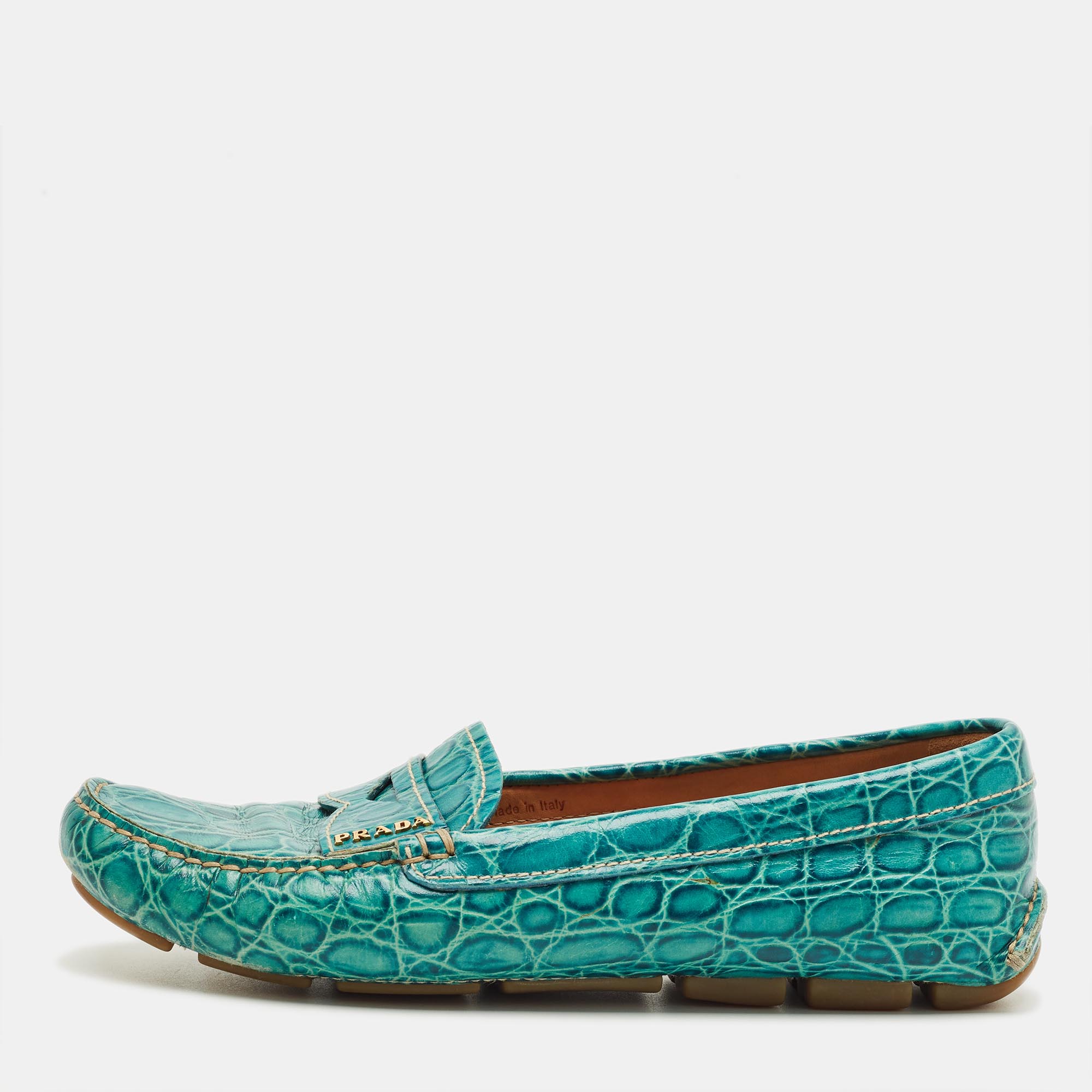 

Prada Teal Crocodile Leather Penny Loafers Size, Blue