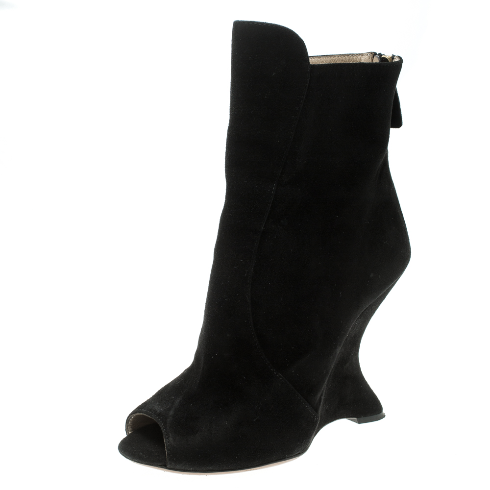 Pre Owned Prada Black Suede Peep Toe Wedge Ankle Boots Size 36