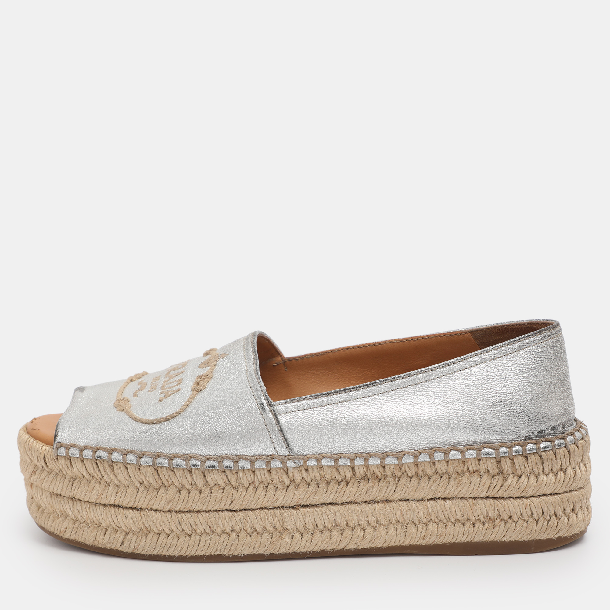 Pre-owned Prada Silver Leather Peep Toe Platform Espadrille Flats Size 36