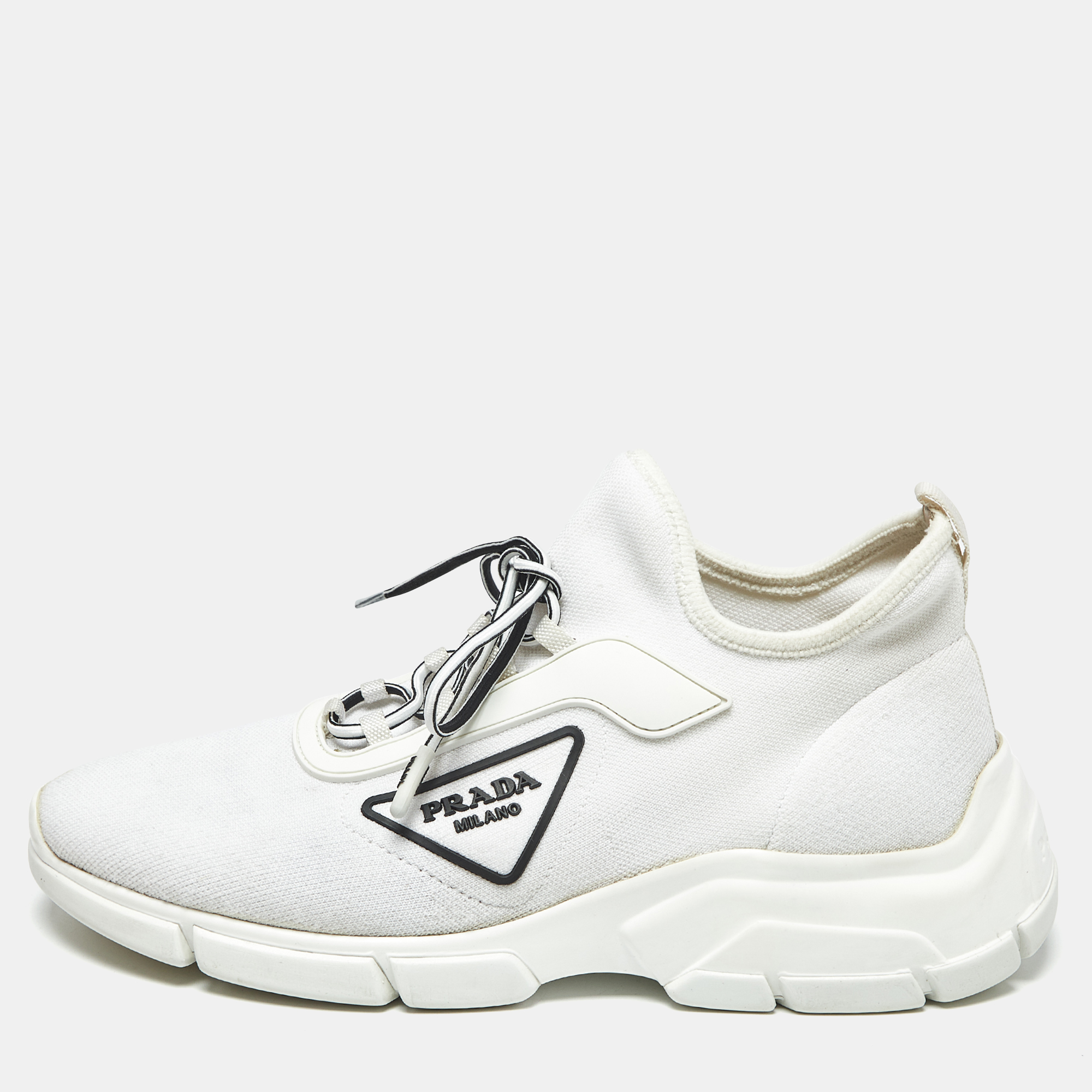 

Prada White Knit Fabric Logo Low Top Sneakers Size