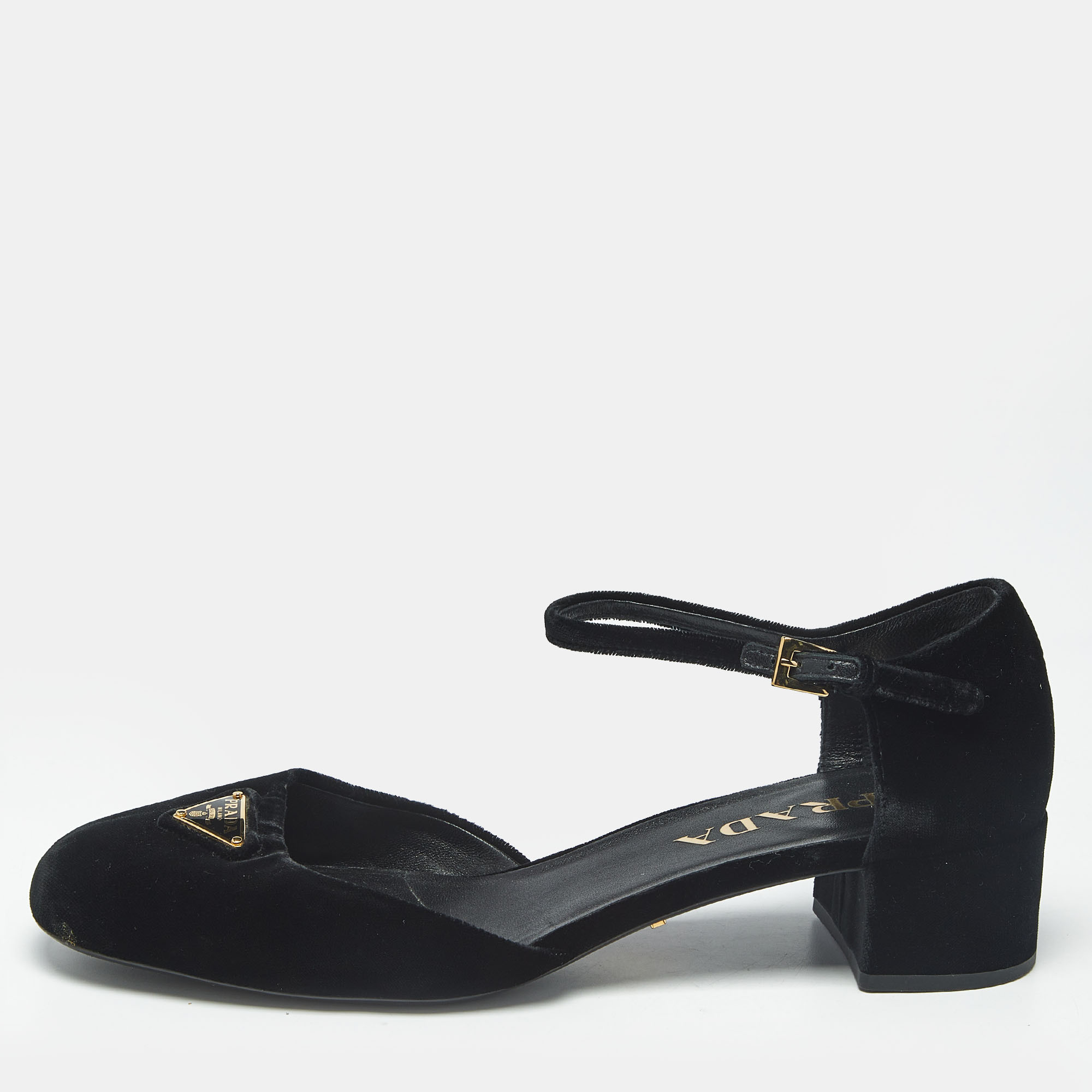 Pre-owned Prada Black Velvet Mary Jane Pumps Size 37.5