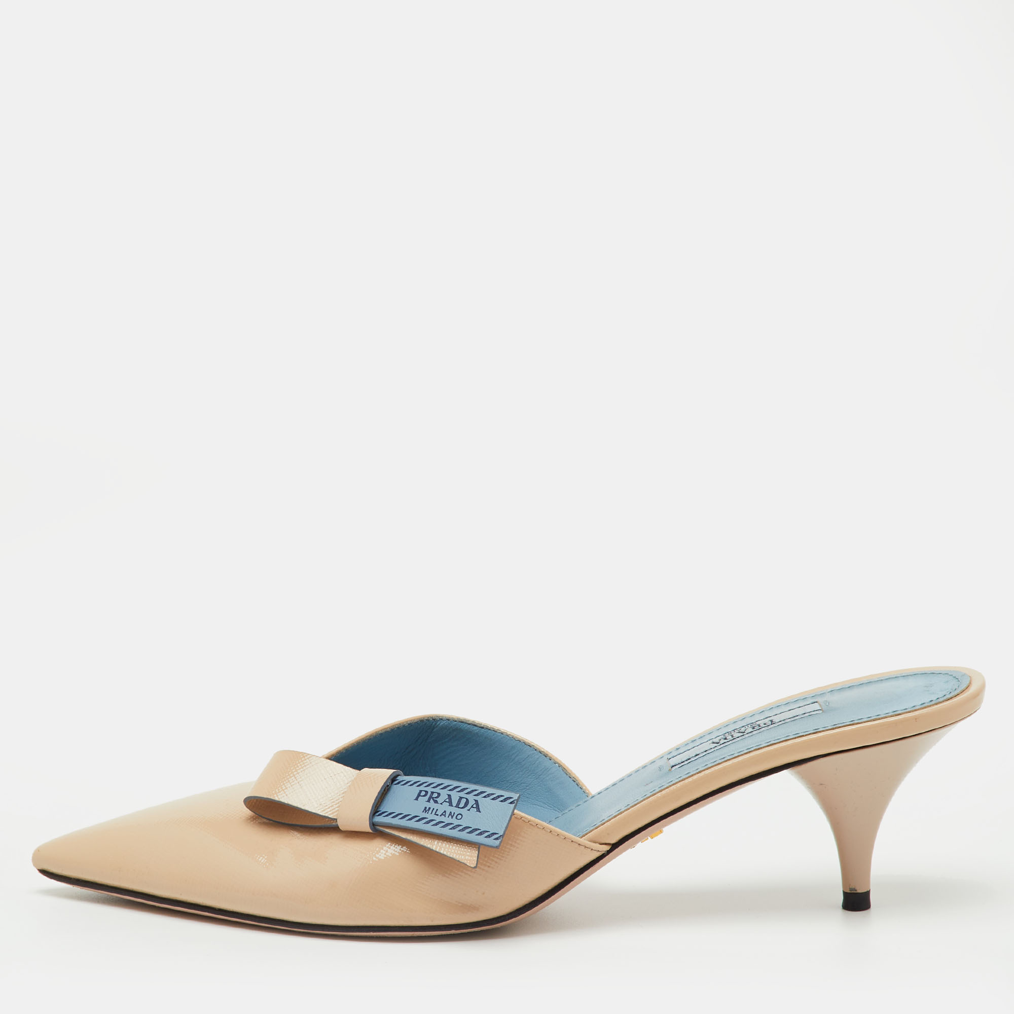

Prada Beige Patent Leather Pointed Toe Slip On Mules Size