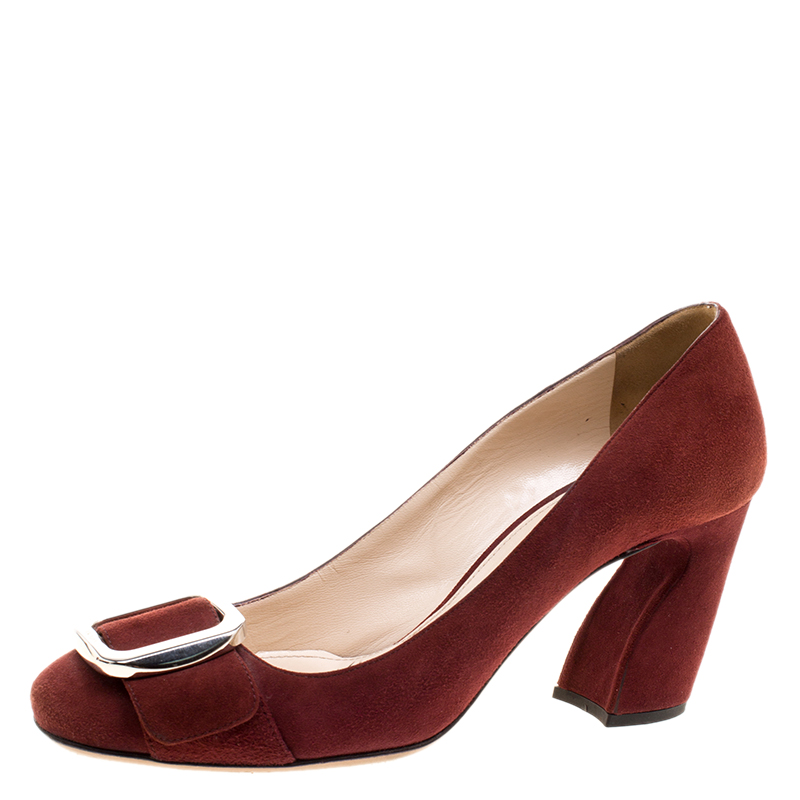Pre Owned Prada Bordeaux Suede Buckle Pumps Size 38