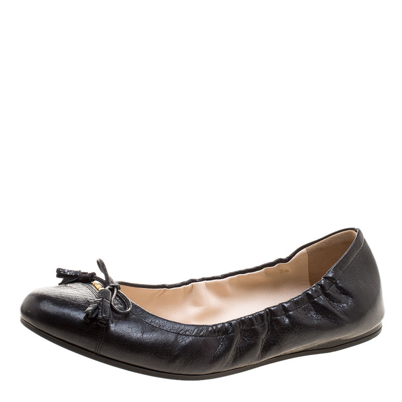 Pre Owned Prada Black Leather Bow Ballet Flats Size 38