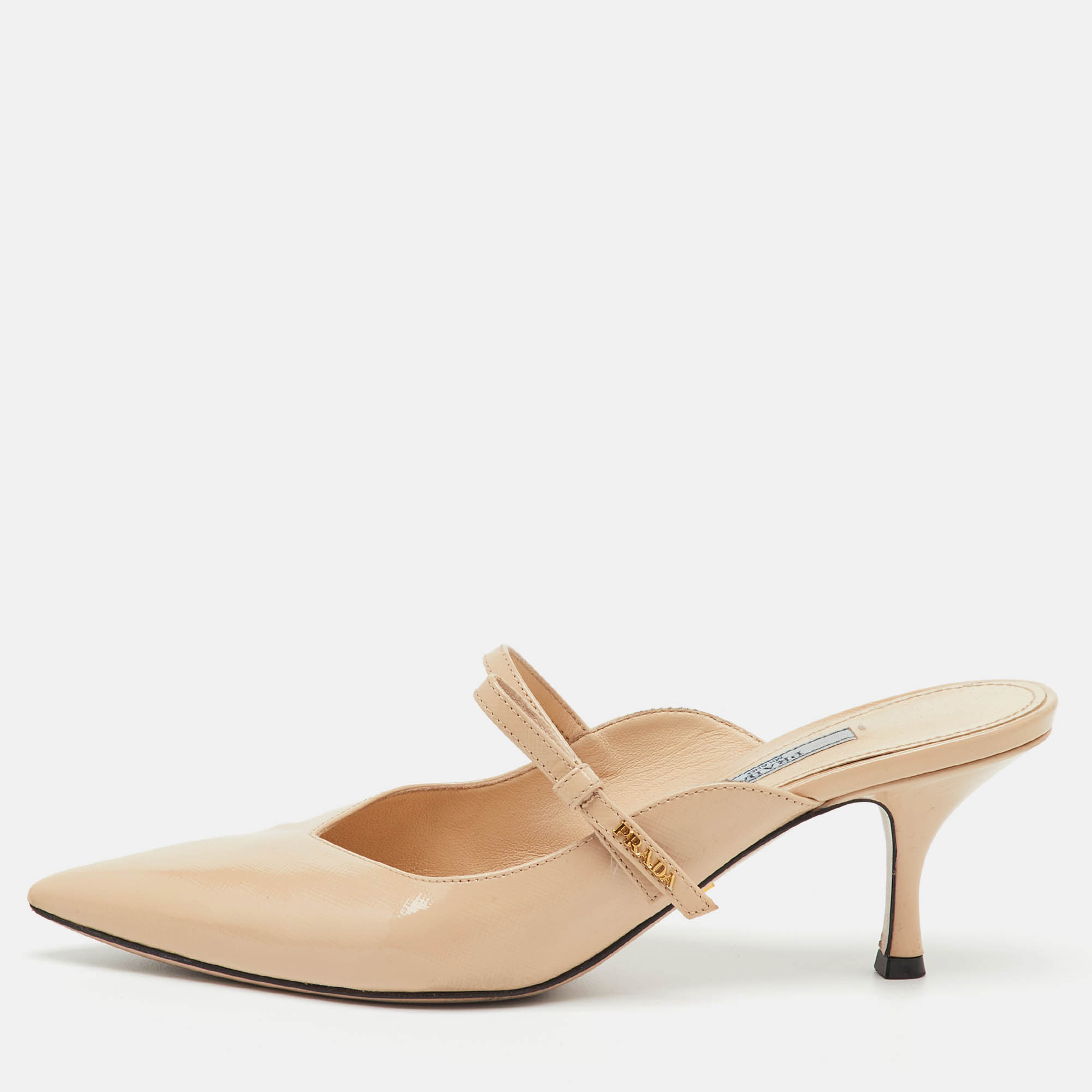 

Prada Beige Saffiano Lux Leather Pointed Toe Bow Mules Size