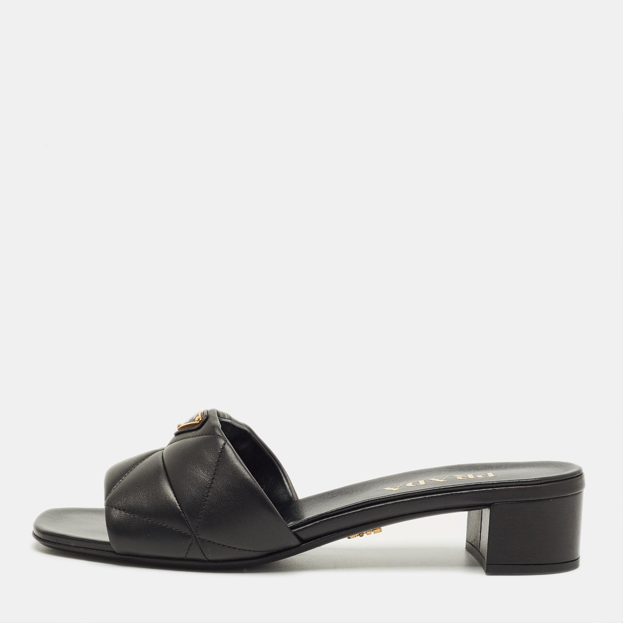 Pre-owned Prada Black Quilted Leather Block Heel Slide Sandals Size 40.5