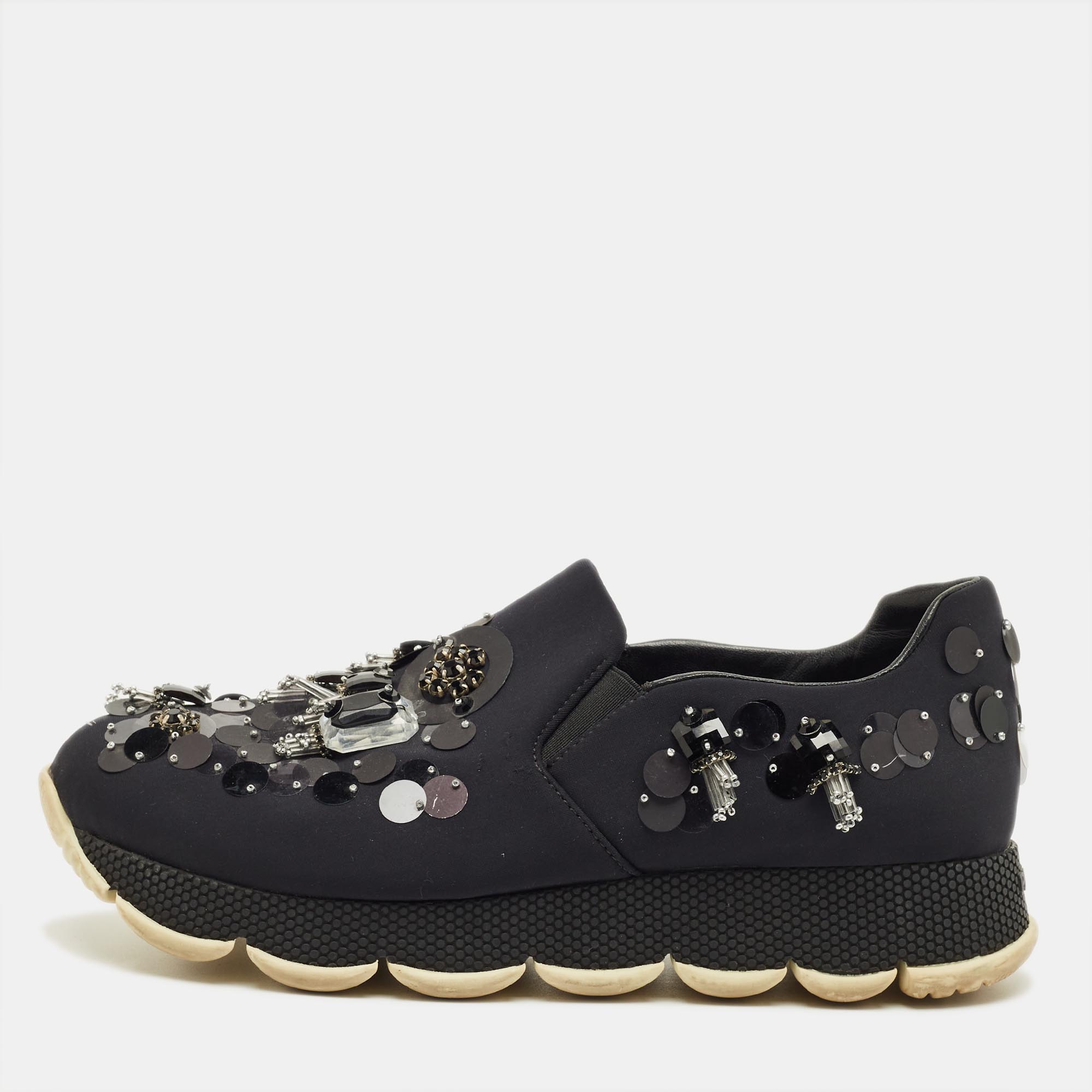 Pre-owned Prada Navy Blue Neoprene Crystal Embellish Slip On Sneakers Size 37
